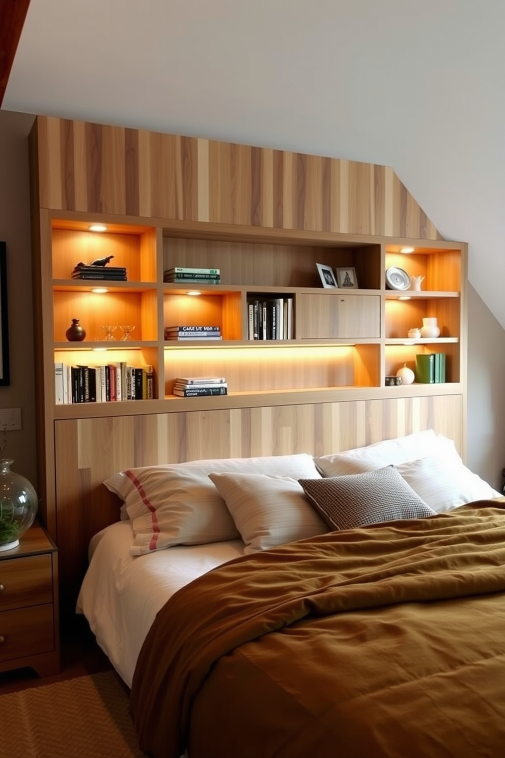 A creative headboard design that incorporates built-in storage options. The headboard features shelves for books and decorative items, seamlessly blending functionality with style in a cozy loft bedroom setting.