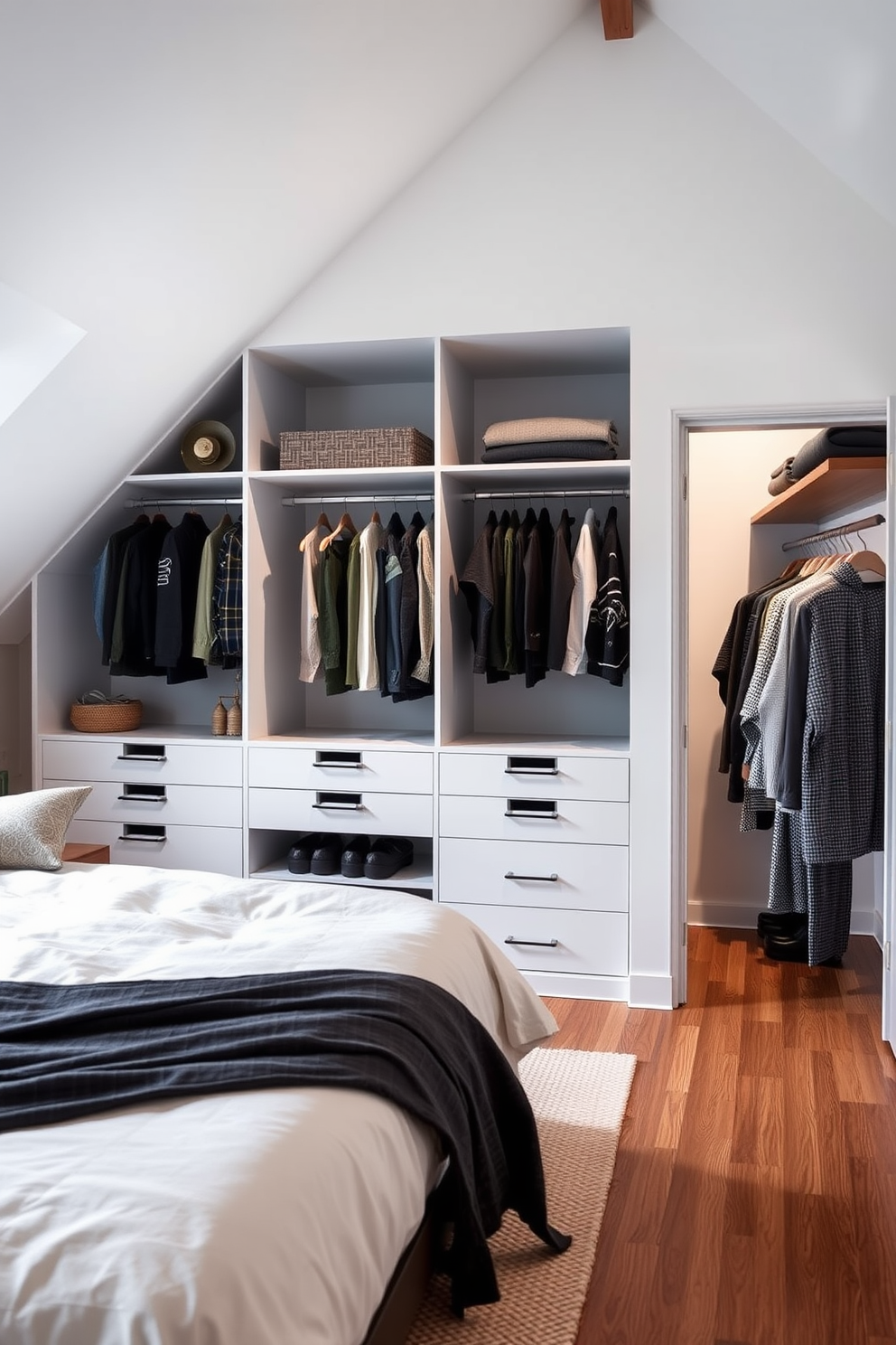 A spacious loft bedroom featuring an open closet design that promotes easy access to clothing and accessories. The closet is seamlessly integrated into the room's aesthetic, with sleek shelving and hanging rods that complement the overall decor.