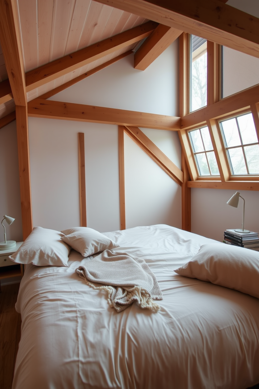 A loft bedroom featuring mirrored accents that reflect light and create an illusion of spaciousness. The design includes a large floor-to-ceiling mirror on one wall, enhancing the overall brightness of the room. The bed is positioned against a textured accent wall, with sleek mirrored nightstands on either side. Soft bedding in neutral tones complements the modern aesthetic, while a stylish chandelier adds a touch of elegance.