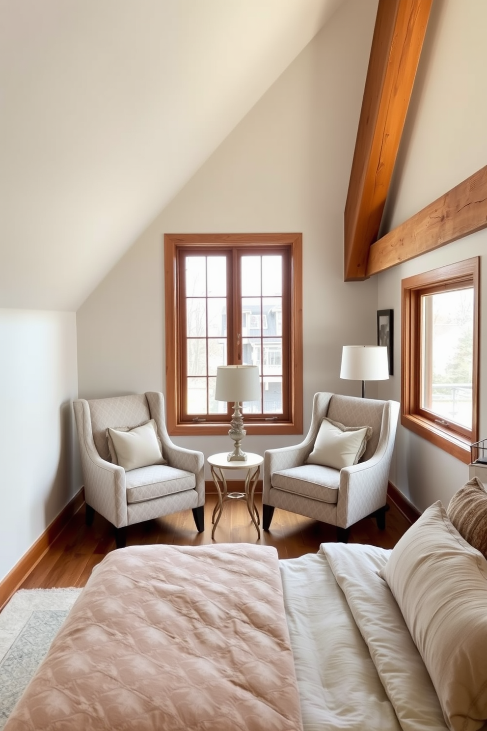 A cozy loft bedroom featuring two stylish accent chairs positioned near a large window. The chairs are upholstered in a soft fabric with a subtle pattern, complementing the warm wooden beams and natural light that fills the space. The bedroom includes a plush bed adorned with layered bedding in neutral tones. A small side table between the chairs holds a decorative lamp, creating an inviting reading nook.