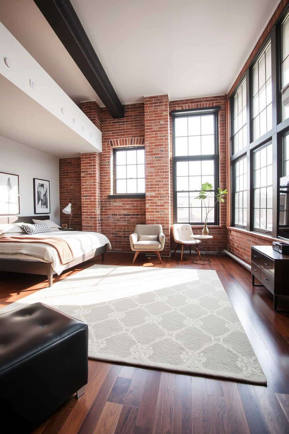 A stylish area rug anchors the space in a loft bedroom, adding warmth and texture to the modern design. The rug features a geometric pattern in soft neutral tones, complementing the industrial elements of exposed brick and large windows. Incorporating a mix of vintage and contemporary furniture, the loft bedroom boasts a sleek platform bed with plush bedding. Natural light floods the room, highlighting a cozy reading nook with a comfortable chair and a small side table beside it.