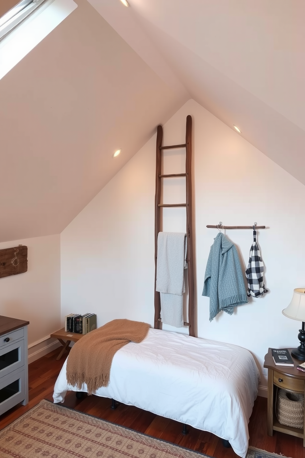 A cozy loft bedroom featuring a decorative ladder against the wall for hanging blankets and accessories. The space is adorned with warm lighting and rustic wood accents, creating an inviting atmosphere.