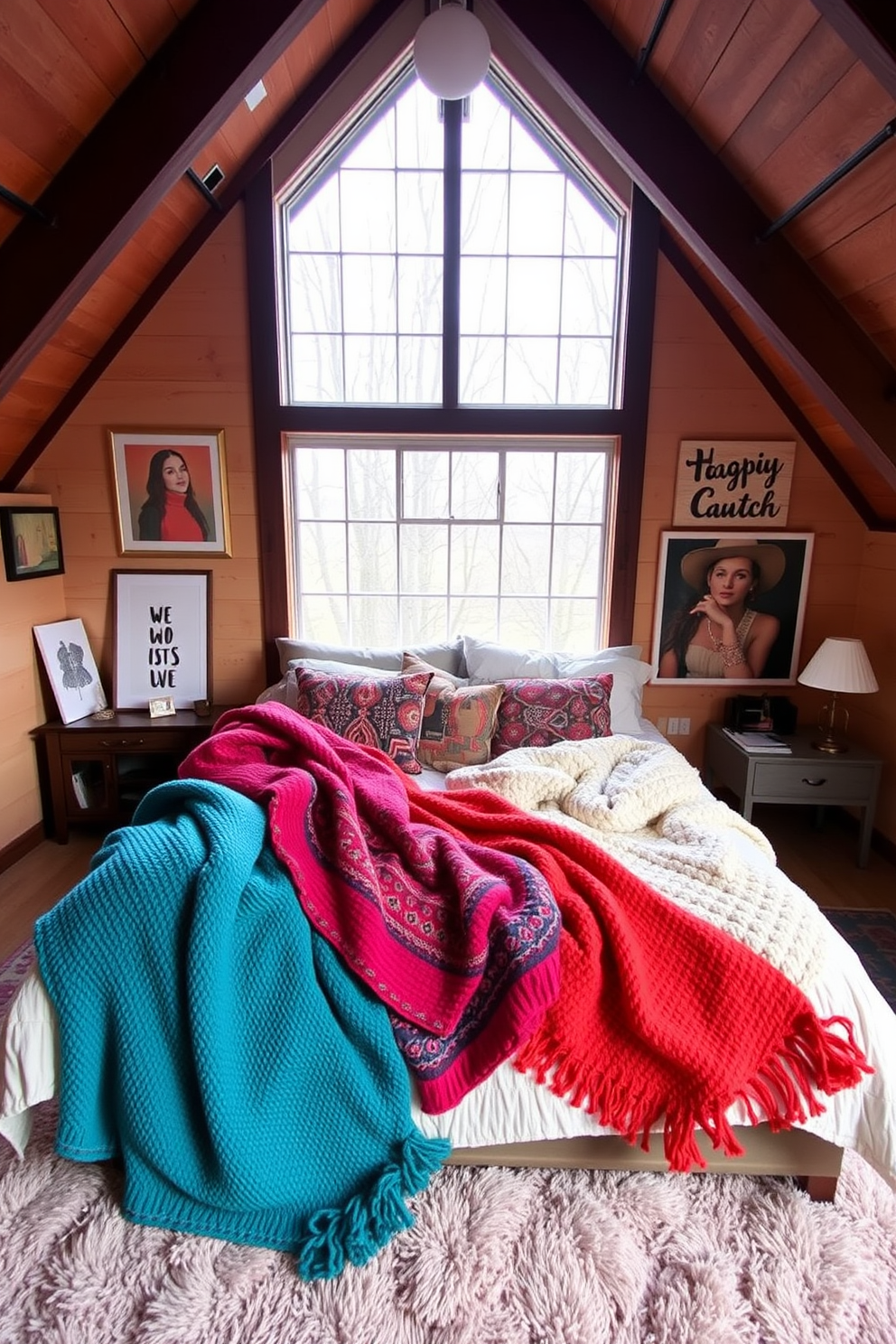 A cozy loft bedroom featuring colorful throw blankets draped over a plush bed. The walls are adorned with artwork, and large windows allow natural light to fill the space.