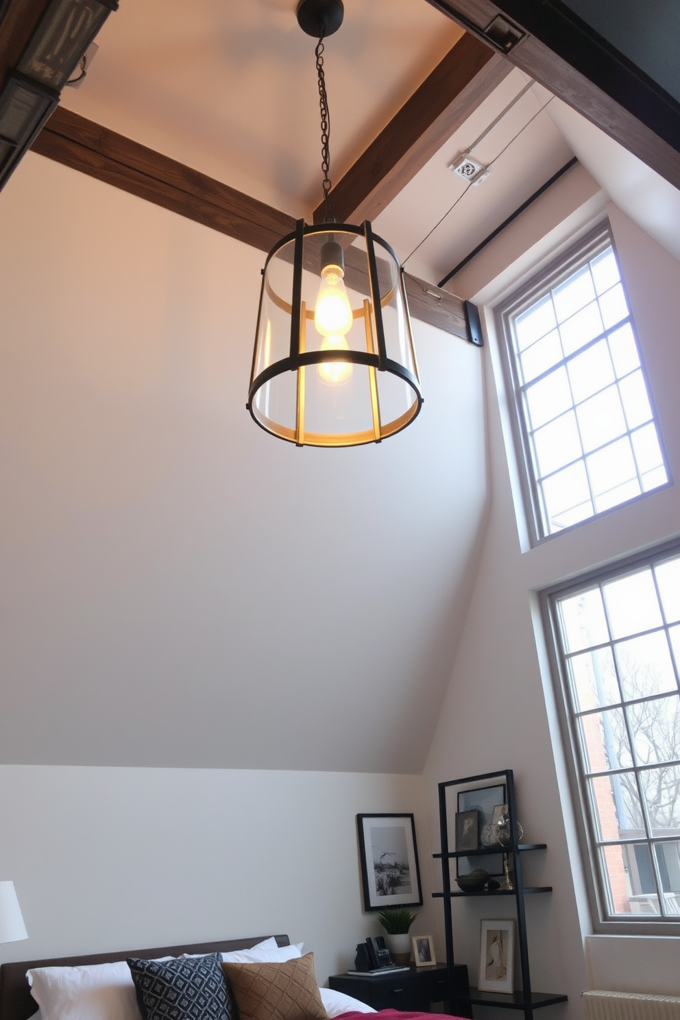 A loft bedroom featuring unique light fixtures that serve as focal points. The space is adorned with a mix of industrial and modern elements, creating a harmonious blend of styles. The ceiling showcases an oversized pendant light made of metal and glass, casting a warm glow throughout the room. Surrounding the light, exposed beams add character, while large windows invite natural light to enhance the airy atmosphere.