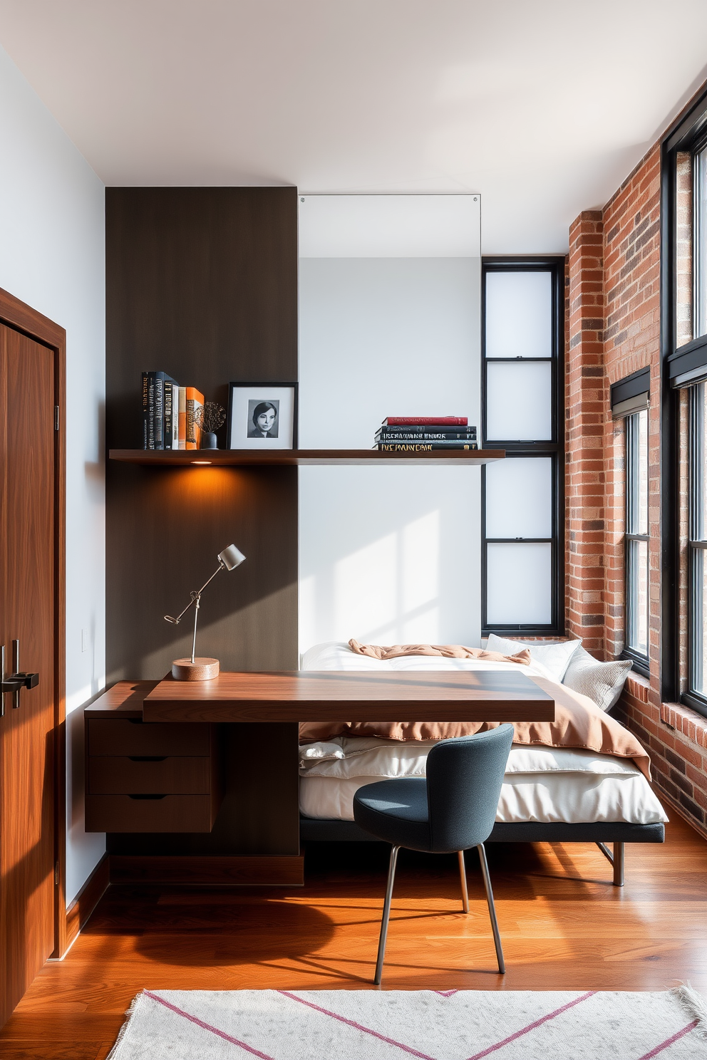 A stylish loft bedroom featuring a cozy bed with plush bedding and an oversized headboard. A small bar cart is elegantly placed in the corner, adorned with glassware and a selection of spirits, adding a touch of sophistication to the space. The walls are painted in a soft gray hue, complemented by exposed brick accents that enhance the industrial charm. Large windows allow natural light to flood the room, highlighting the warm wooden floors and contemporary artwork hanging above the bed.