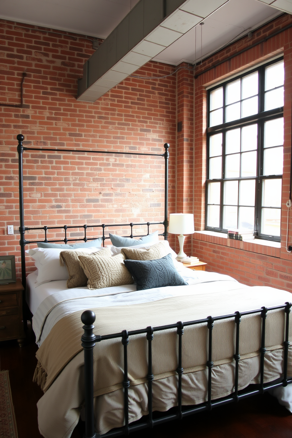 A spacious loft bedroom with an industrial style metal bed frame as the centerpiece. Exposed brick walls provide a rustic backdrop, while large windows allow natural light to flood the space. The bed is adorned with layered bedding in neutral tones, complemented by a mix of textured pillows. A vintage wooden nightstand sits beside the bed, topped with a sleek lamp and a small stack of books.