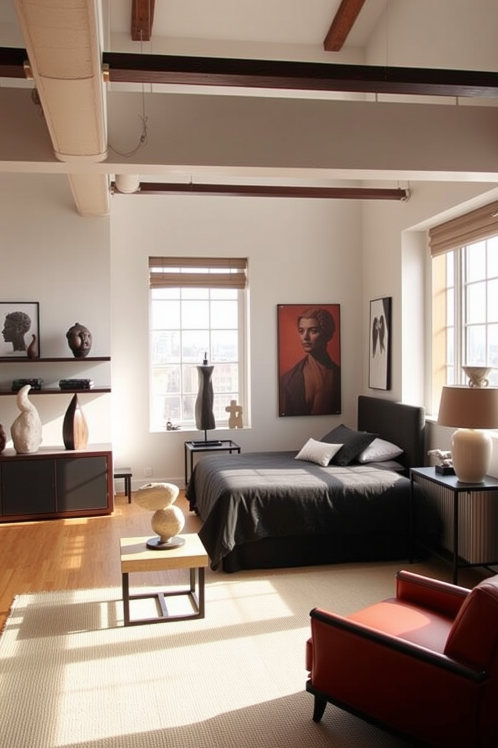 A cozy loft bedroom with exposed brick walls and large windows allowing natural light to flood the space. The bed is dressed in soft layers of linen and velvet, complemented by a chunky knit throw and an array of decorative pillows. An industrial metal bed frame contrasts with the warmth of a reclaimed wood nightstand. A plush area rug anchors the space, while a hanging pendant light adds a touch of modern elegance.