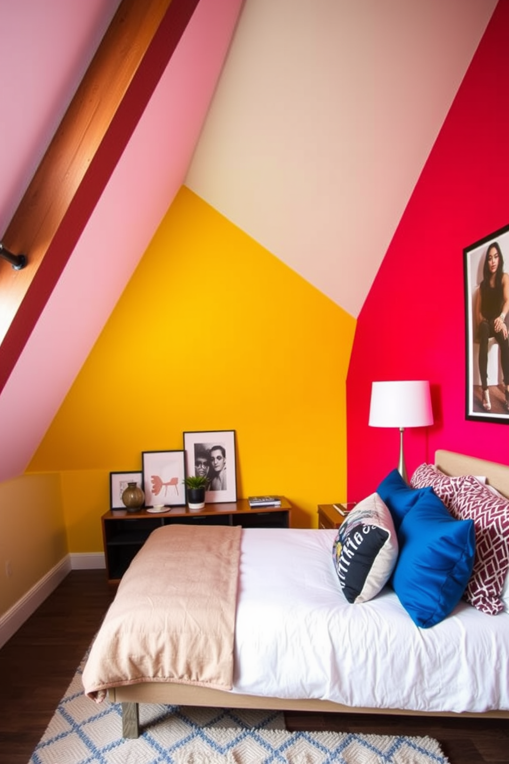 A loft bedroom featuring a bright accent wall painted in a bold, vibrant color that draws attention and creates a lively atmosphere. The space includes a plush bed with stylish bedding, complemented by modern artwork that enhances the energetic vibe of the room.