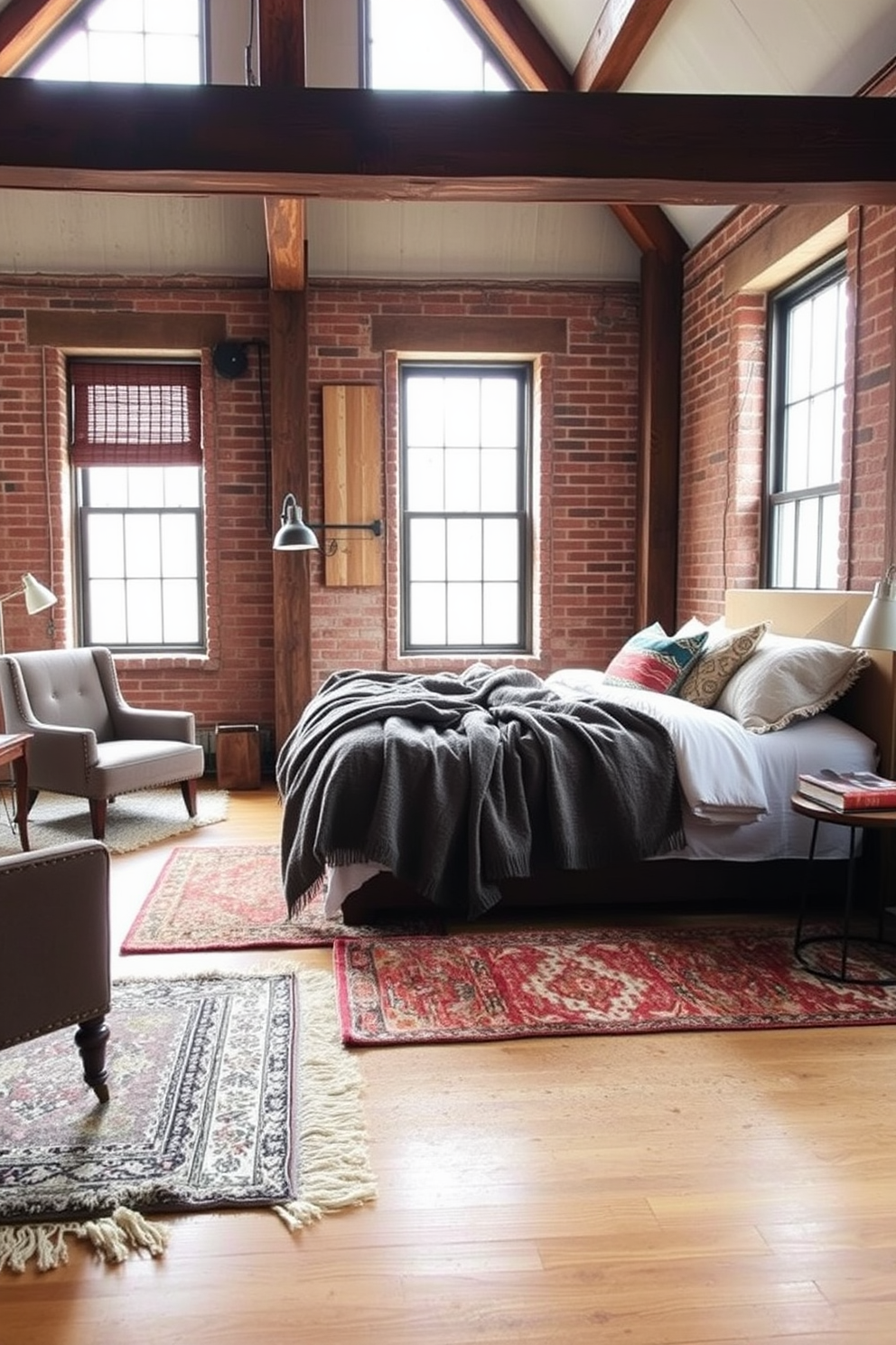 A cozy loft bedroom featuring layered rugs in varying textures and colors that create a warm atmosphere. The bed is dressed in plush linens with an oversized throw blanket casually draped across the foot, and a mix of decorative pillows adds visual interest. Natural light floods the space through large windows, illuminating the wooden beams and softening the industrial elements. A stylish armchair sits in one corner, accompanied by a small side table adorned with a stack of books and a decorative lamp.