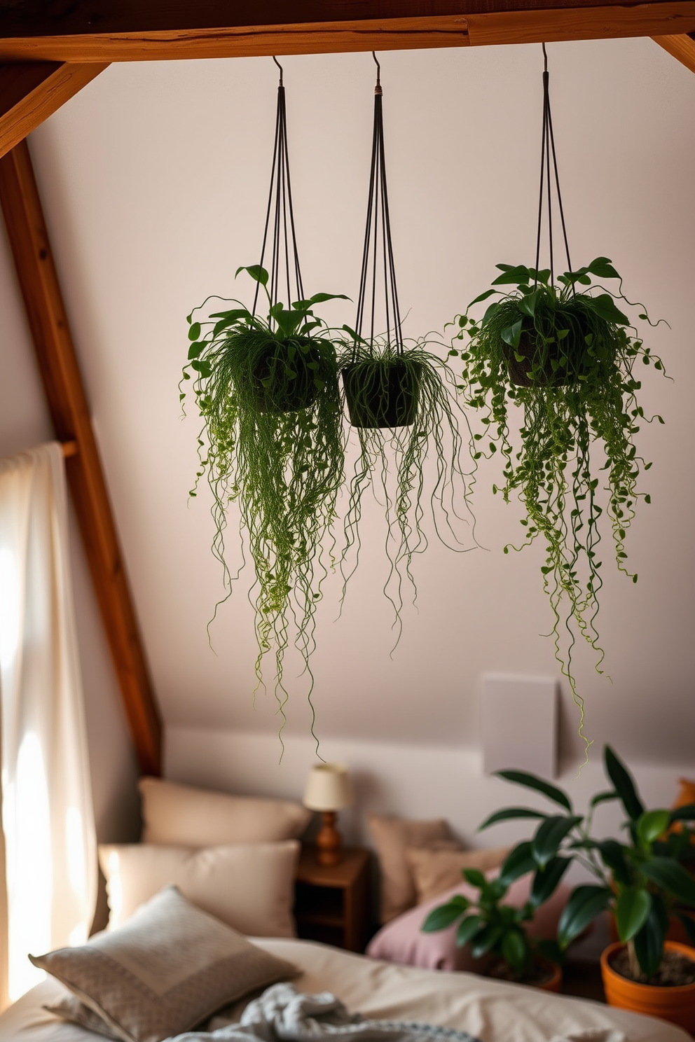 A cozy loft bedroom featuring hanging plants that cascade down from the ceiling, adding a touch of greenery and charm to the space. The room is filled with natural light, highlighting the warm wooden beams and soft textiles that create an inviting atmosphere.