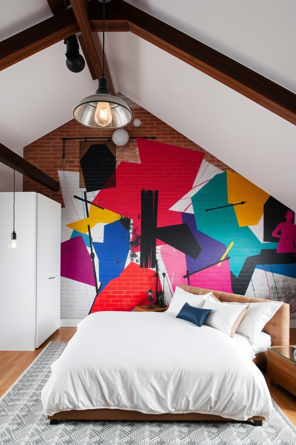 A stunning loft bedroom features an artistic wall mural that adds a unique focal point to the space. The mural showcases vibrant colors and abstract shapes, creating a dynamic backdrop for the minimalist furniture. The bedroom is furnished with a plush king-sized bed dressed in luxurious linens. Industrial-style lighting fixtures hang from the ceiling, complementing the exposed brick walls and wooden beams.