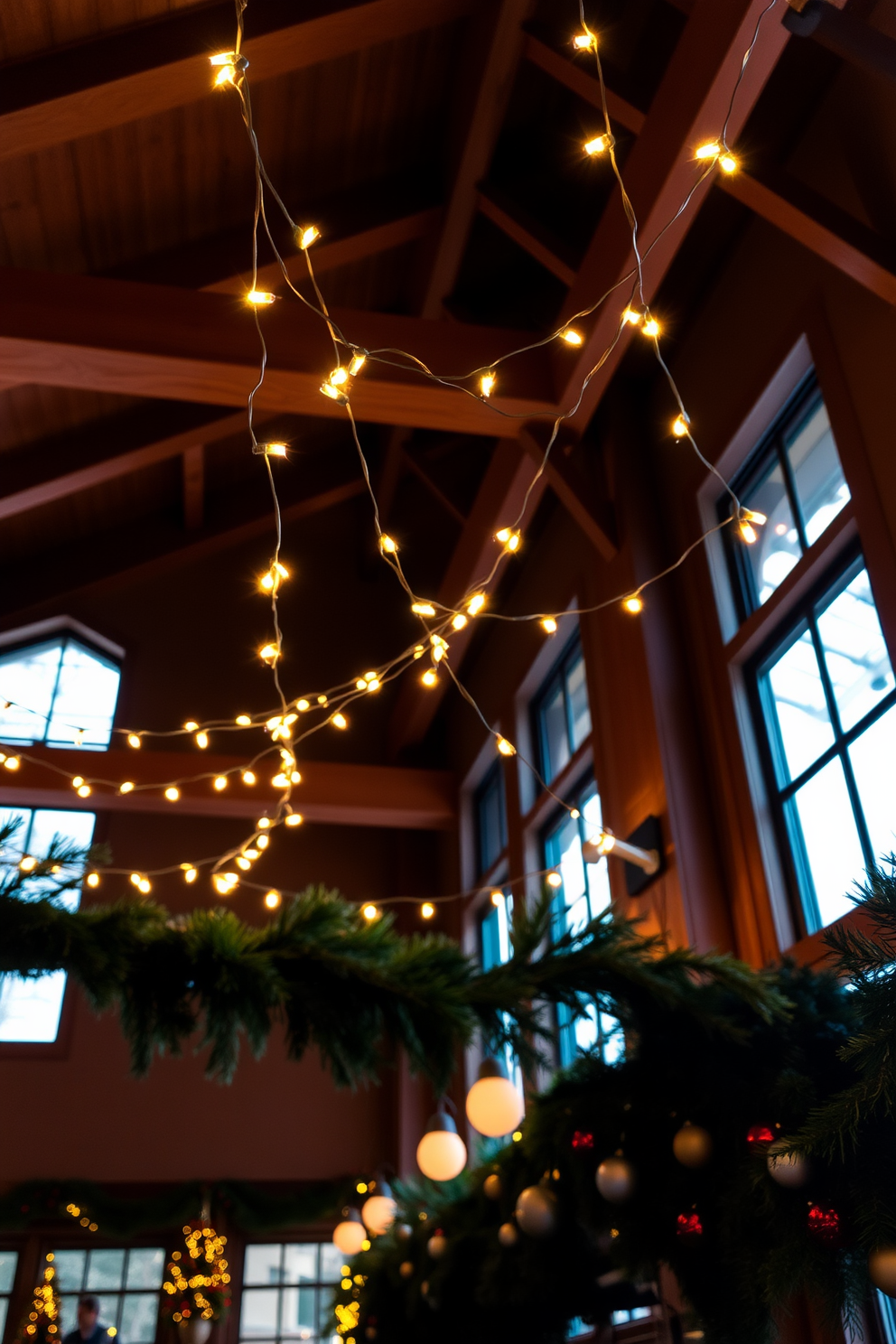 Cozy string lights are draped along exposed wooden beams, casting a warm and inviting glow throughout the space. The atmosphere is enhanced with festive decorations, including pine garlands and ornaments, creating a charming holiday ambiance.