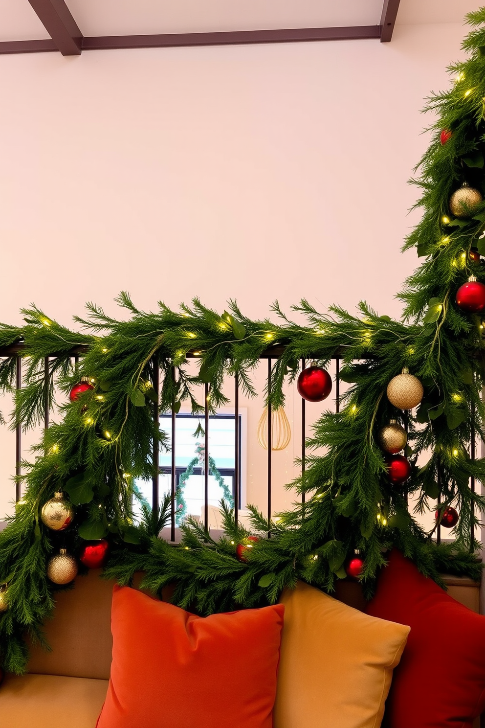 A cozy loft living room adorned for Christmas. The space features a plush gray sofa with vibrant red pillows, complemented by a rustic wooden coffee table adorned with festive decorations. A tall Christmas tree stands in the corner, decorated with twinkling lights and red ornaments. The walls are lined with warm string lights, creating a welcoming holiday atmosphere.