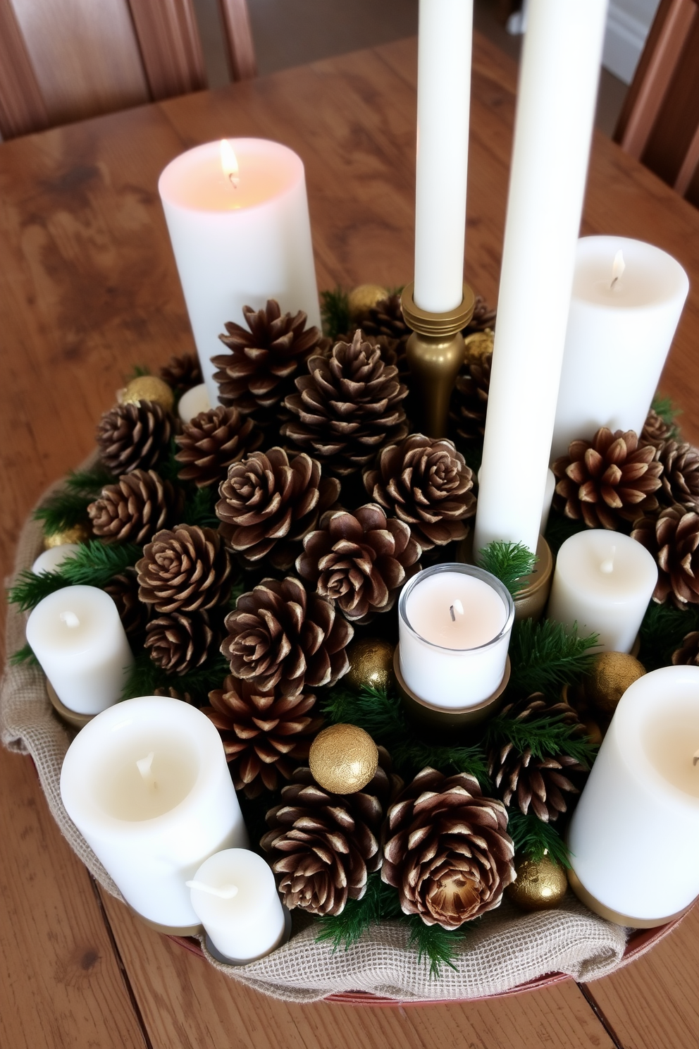 A creative centerpiece featuring an arrangement of pinecones and candles set on a rustic wooden table. The pinecones are artfully clustered among various sizes of white and gold candles, creating a warm and inviting atmosphere perfect for holiday gatherings.