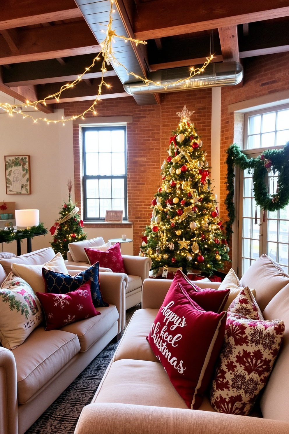 Holiday themed throw pillows are artfully arranged on plush sofas, adding warmth and festive charm to the living space. The sofas are adorned with a mix of colors and patterns that evoke the spirit of the season, creating an inviting atmosphere. The decor features twinkling fairy lights draped across the loft's exposed beams, enhancing the cozy ambiance. A beautifully decorated Christmas tree stands in the corner, surrounded by thoughtfully placed ornaments and garlands that complement the overall design.