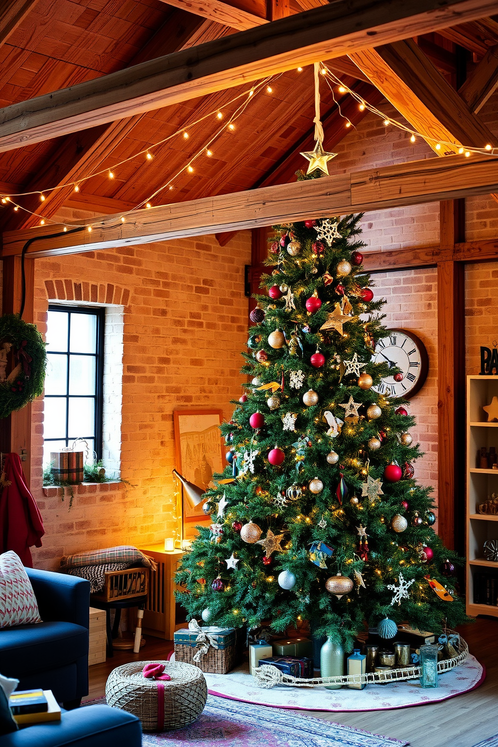 Create a cozy loft space decorated for Christmas using DIY ornaments made from recycled materials. The room features a large, rustic wooden tree adorned with handmade decorations, and warm string lights drape across the exposed beams.