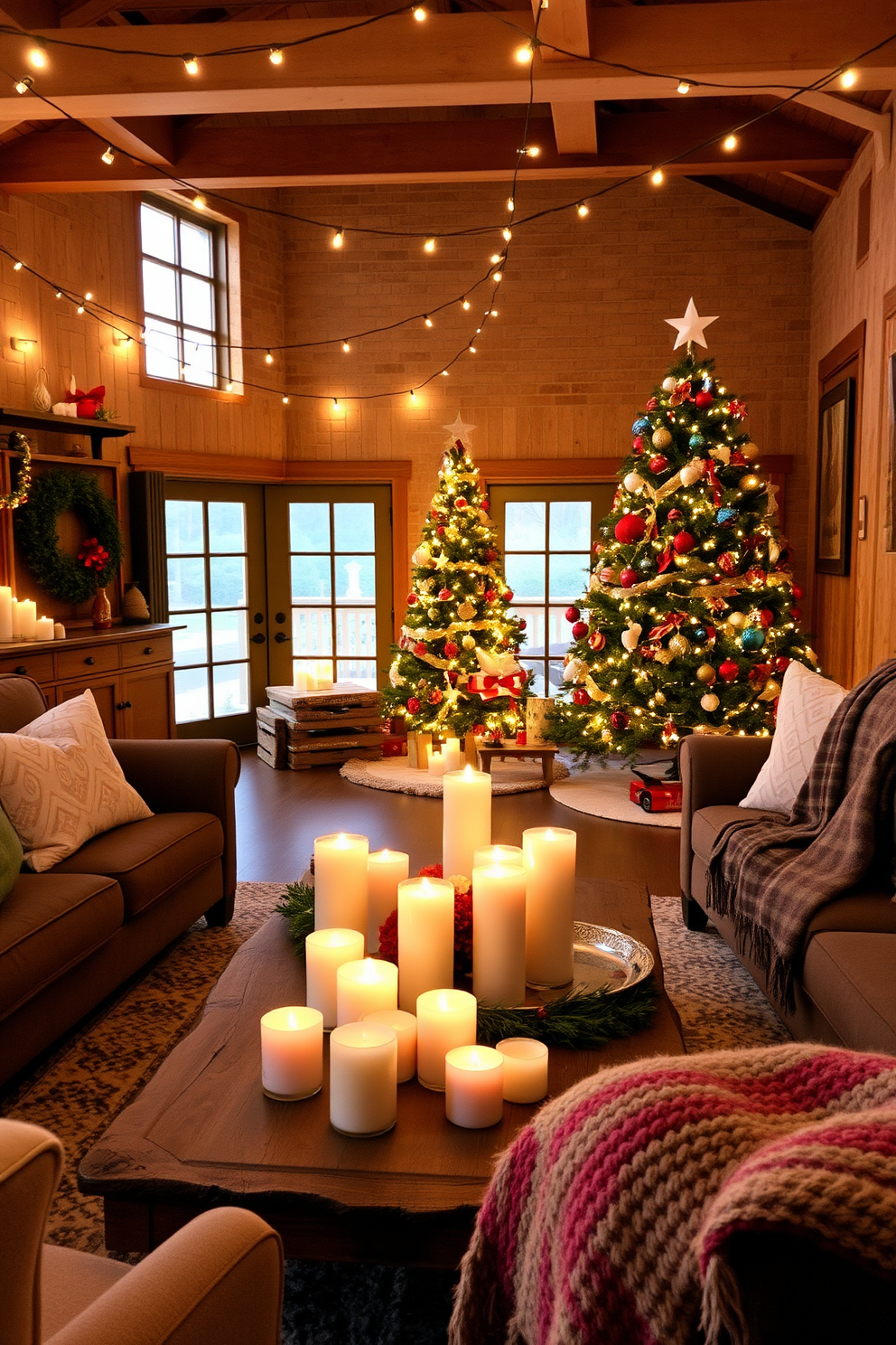 A cozy loft space adorned with seasonal scented candles that create a warm ambiance. The candles are arranged on a rustic wooden coffee table surrounded by plush seating and festive decorations. String lights are draped across the ceiling, casting a soft glow throughout the room. A beautifully decorated Christmas tree stands in the corner, complemented by colorful ornaments and a cozy throw blanket nearby.