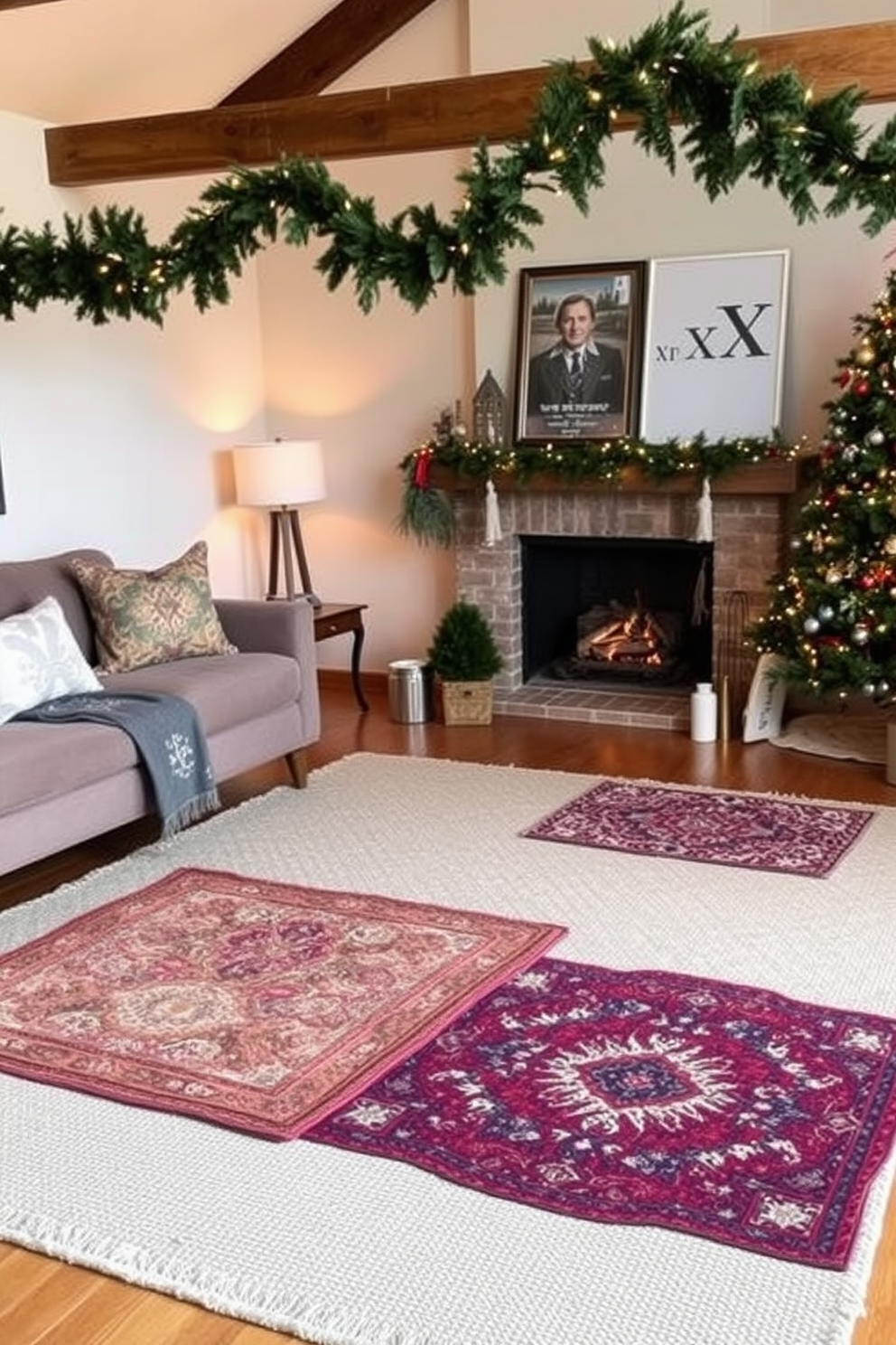 A cozy holiday movie corner is created with a plush sectional sofa adorned with festive throw pillows and soft blankets. A warm, inviting atmosphere is enhanced by string lights and a decorative Christmas tree in the corner, surrounded by wrapped gifts.