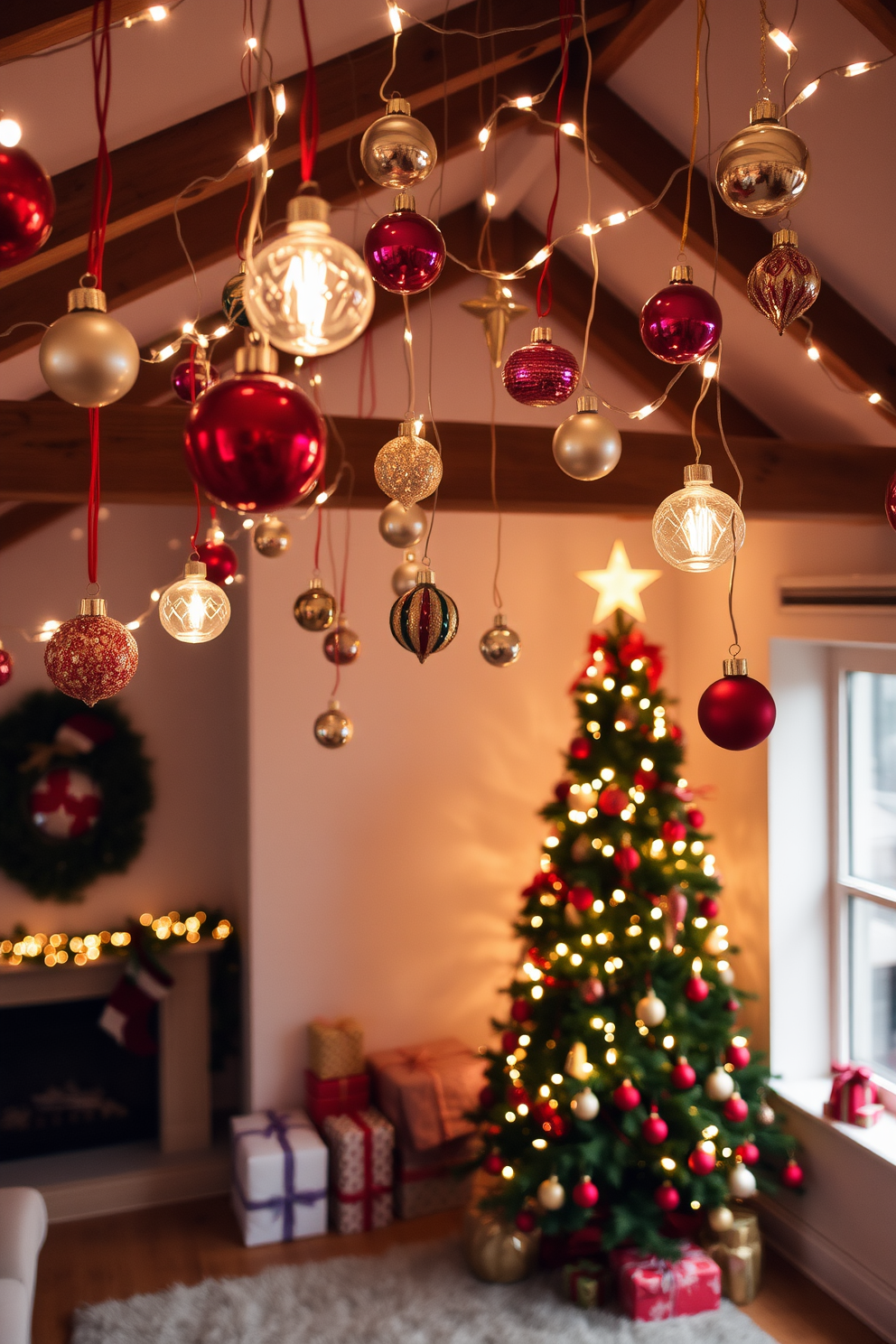 A cozy loft living room decorated for Christmas. The front door features a lush green wreath adorned with red berries and a big red bow, welcoming guests into the festive space. Inside, a large sectional sofa is draped with a soft plaid throw, and the coffee table is adorned with candles and a small evergreen centerpiece. Twinkling fairy lights are strung across the ceiling beams, creating a warm and inviting atmosphere.