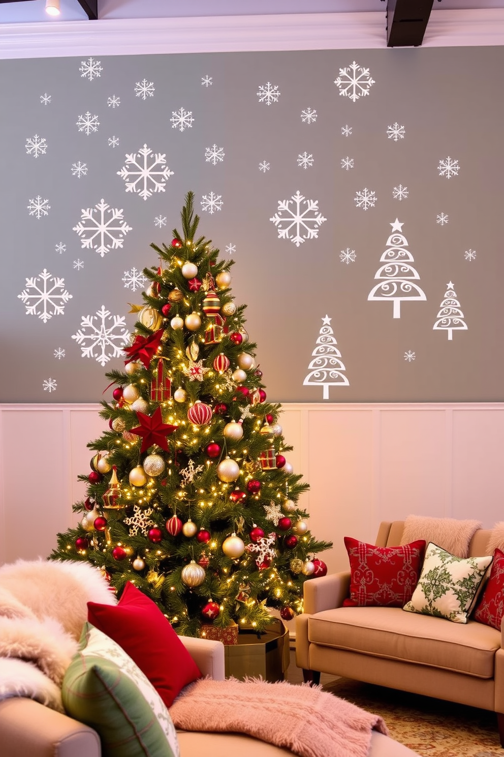 Artistic holiday-themed wall decals featuring intricate designs of snowflakes and Christmas trees create a festive atmosphere. The decals are arranged in a whimsical pattern, adding a touch of elegance and cheer to the walls. Loft Christmas decorating ideas include a large, beautifully decorated tree adorned with twinkling lights and unique ornaments. Cozy seating areas are enhanced with plush throws and festive cushions, inviting warmth and comfort during the holiday season.