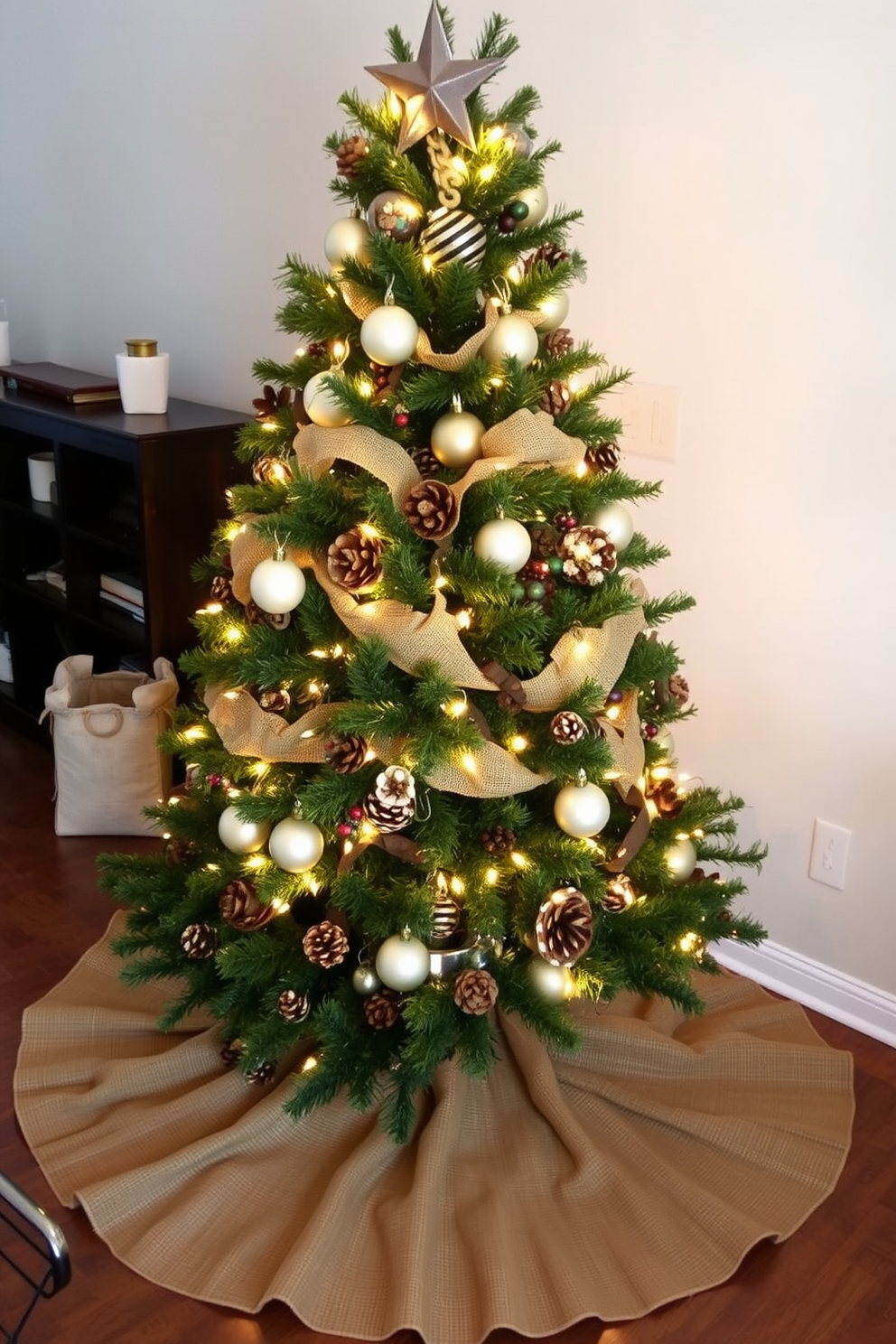 A cozy living room setting features a stylish coffee table adorned with a curated collection of holiday books. The table is surrounded by plush seating, and soft, warm lighting enhances the festive atmosphere. Festive decorations in the loft include a beautifully adorned Christmas tree in the corner, twinkling with lights and colorful ornaments. Garlands of greenery drape across shelves, adding a touch of holiday cheer to the modern space.