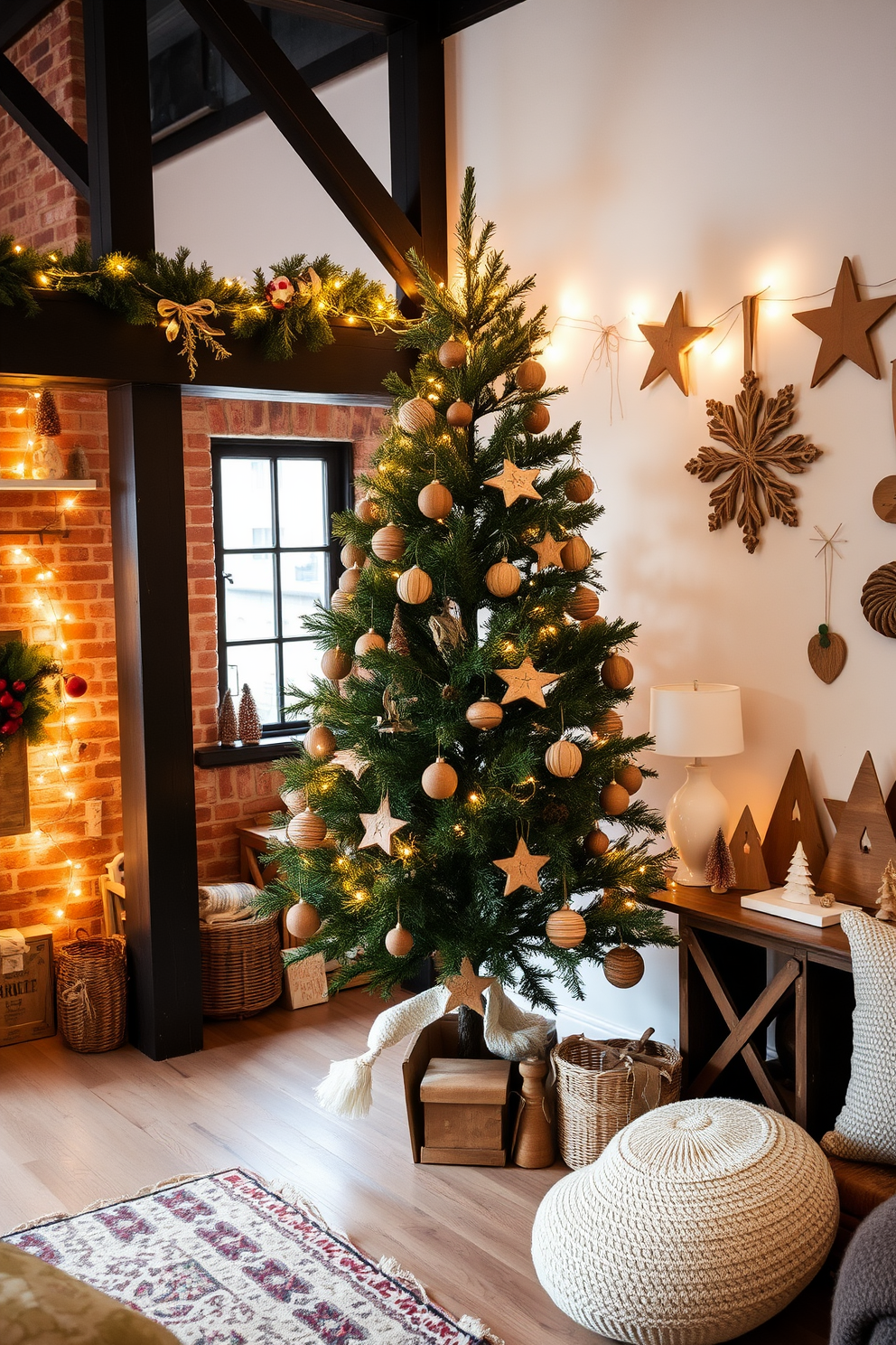 A cozy loft space decorated for Christmas features a beautifully adorned tree with rustic wooden ornaments. The tree stands in the corner, surrounded by warm string lights and a collection of handmade decorations that evoke a sense of nostalgia and warmth.