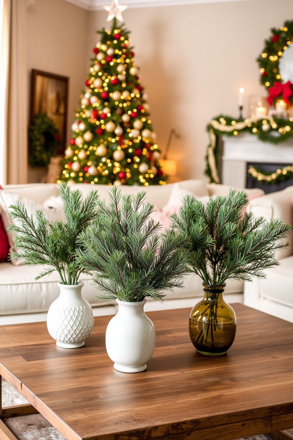 Create a cozy living room setting adorned with pine branches in decorative vases placed on a rustic wooden coffee table. The room features a warm color palette with soft lighting, complemented by a plush sofa and festive throw pillows. In the background, a beautifully decorated Christmas tree stands tall, adorned with twinkling lights and ornaments. The space is enhanced by subtle holiday accents, such as garlands draped over the mantle and candles flickering softly on the side tables.