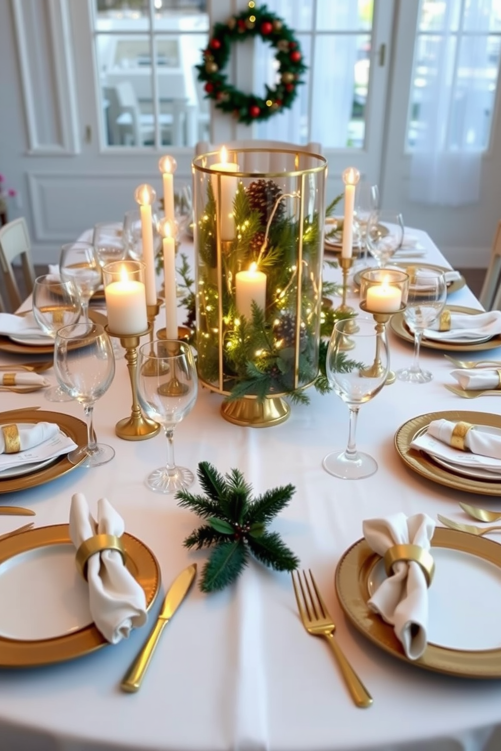 A festive dining table is adorned with a crisp white tablecloth that serves as the perfect backdrop for elegant gold accents. Centered on the table is a stunning gold and glass centerpiece filled with seasonal greenery and twinkling fairy lights. Around the table, mismatched gold-rimmed plates and crystal glasses reflect the warm glow of candlelight. Each place setting features a gold napkin ring, adding a touch of luxury to the cozy Christmas atmosphere.