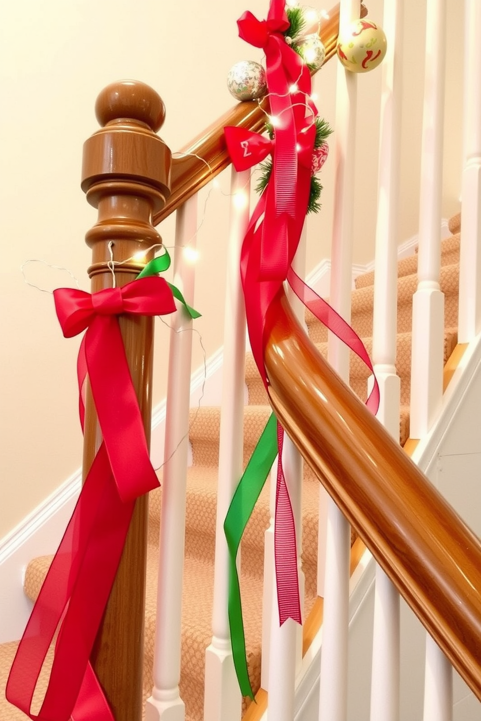 Brightly colored ribbon wrapped around railings creates a festive and cheerful atmosphere. This decorative touch enhances the holiday spirit while adding a vibrant pop of color to your staircase. Incorporate various textures and patterns of ribbon for a more dynamic look. Pair the ribbons with twinkling fairy lights and ornaments to complete the Christmas decorating theme.