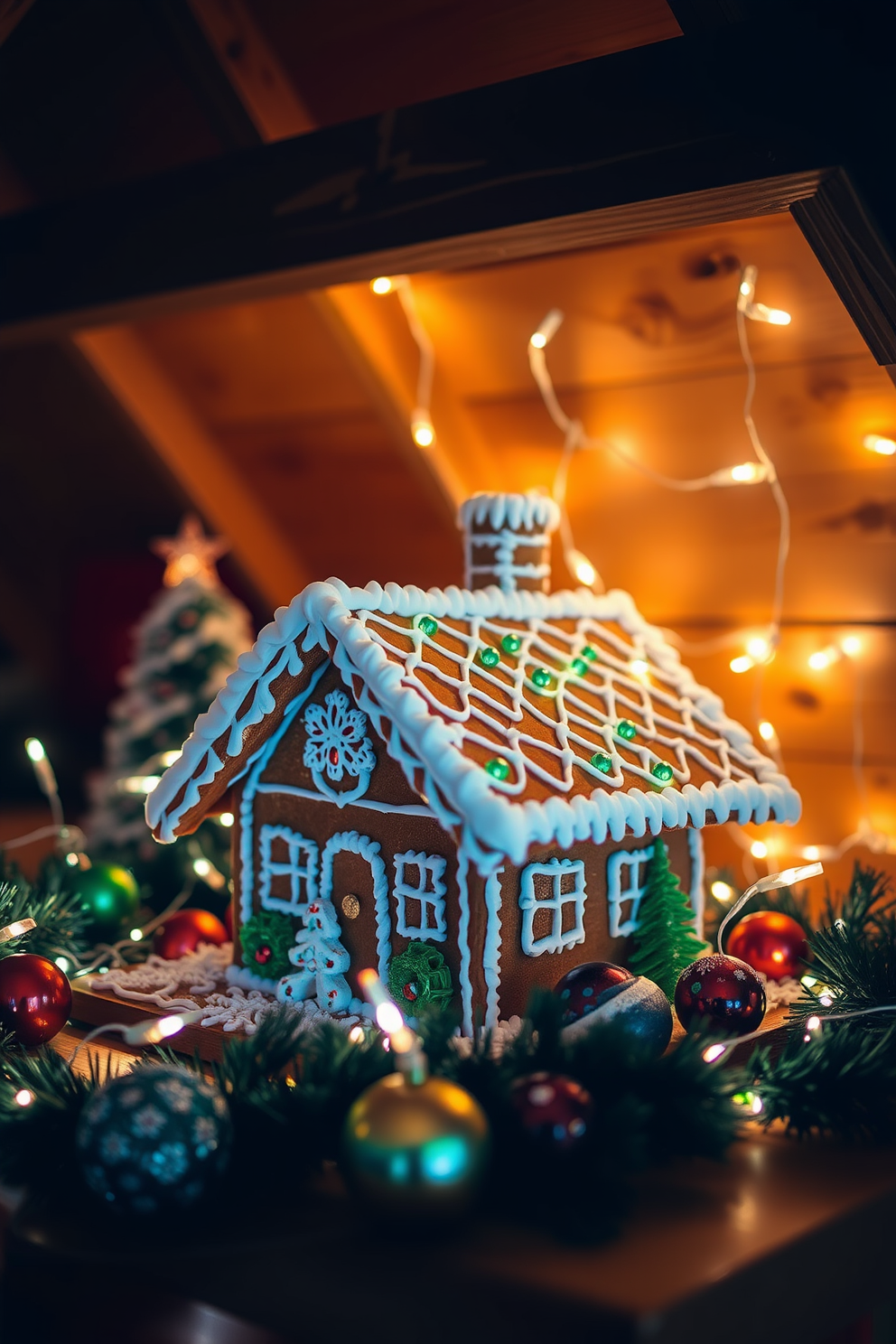 A cozy loft setting showcases a beautifully decorated homemade gingerbread house. The gingerbread house is surrounded by twinkling fairy lights and festive ornaments, creating a warm holiday atmosphere.