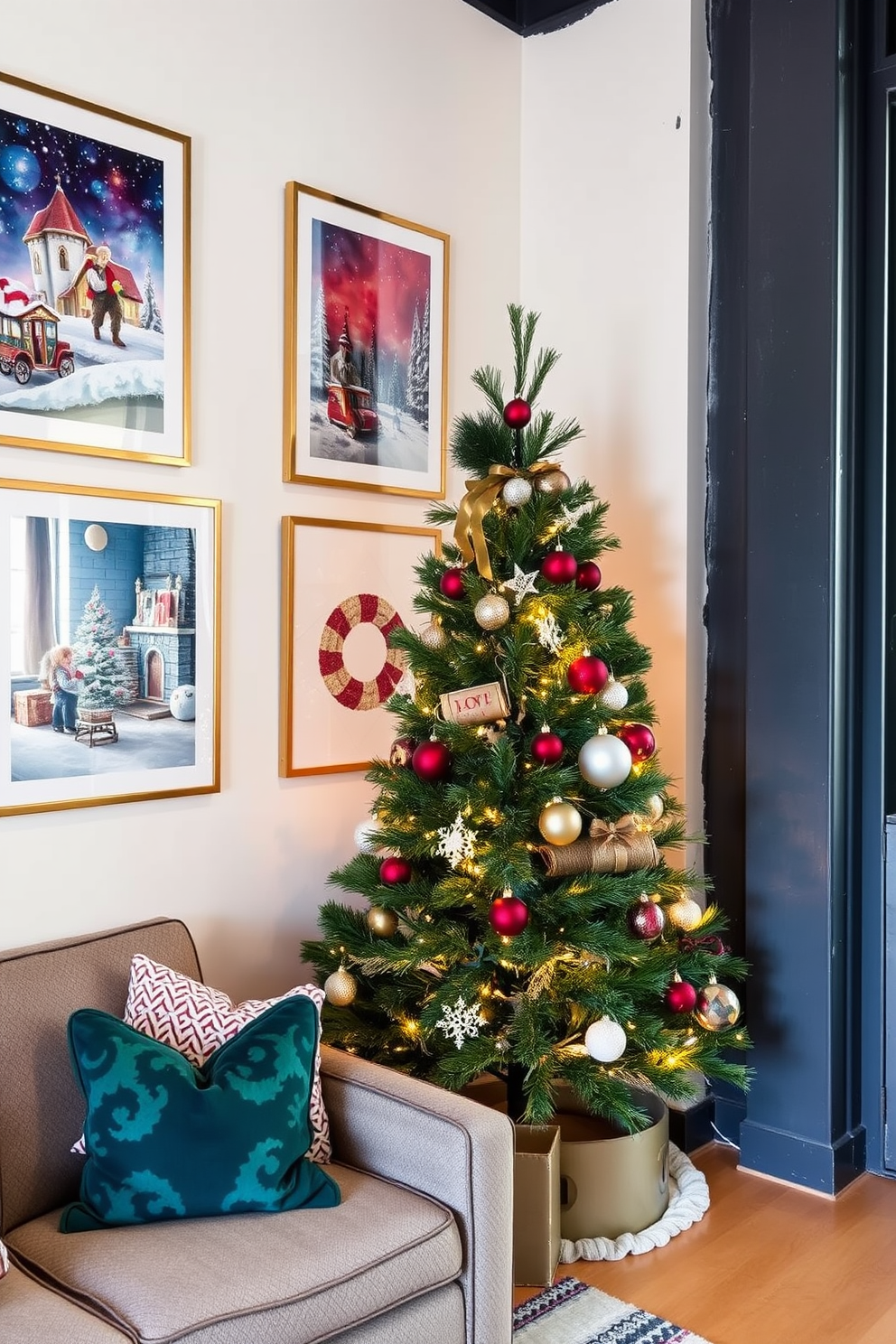 Seasonal art prints in frames adorn the walls of a cozy loft space. The prints feature vibrant winter scenes and festive motifs, bringing a cheerful atmosphere to the room. Incorporate Christmas decorating ideas with a modern twist. A beautifully decorated evergreen tree stands in one corner, surrounded by stylish ornaments and twinkling lights.