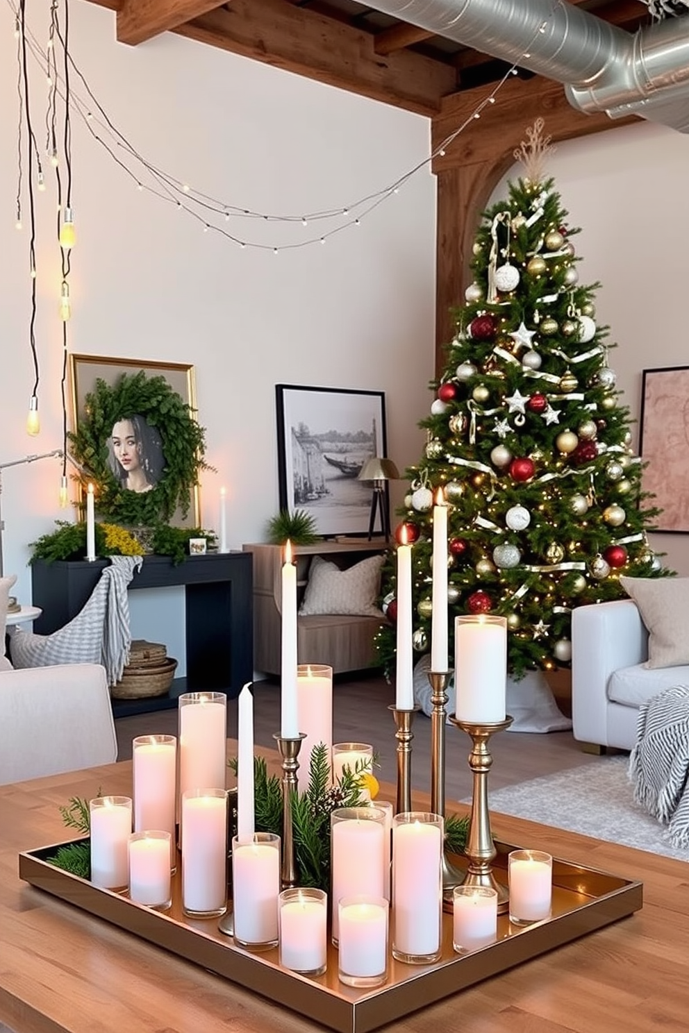 A cozy loft space decorated for Christmas. A large wooden dining table is adorned with a festive table runner featuring vibrant red and green patterns, surrounded by mismatched chairs that add character.