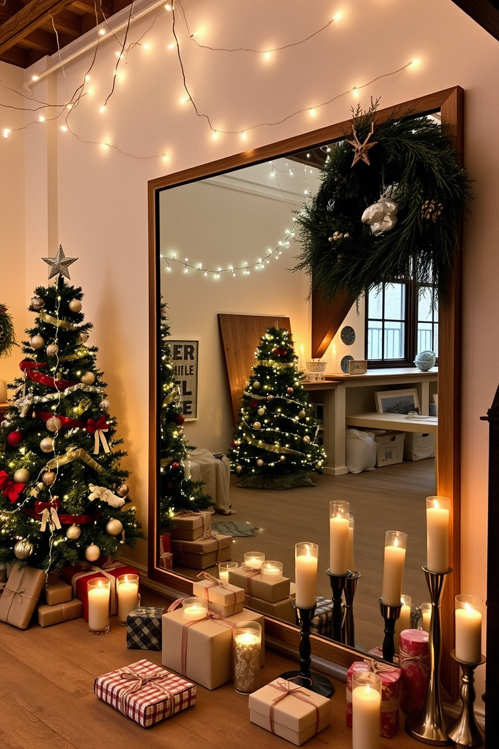 A cozy loft space adorned with holiday-themed artwork on the walls. The room features a large, plush sectional sofa draped with festive throw blankets and pillows. A tall Christmas tree stands in the corner, decorated with twinkling lights and colorful ornaments. Soft, ambient lighting creates a warm and inviting atmosphere, perfect for holiday gatherings.