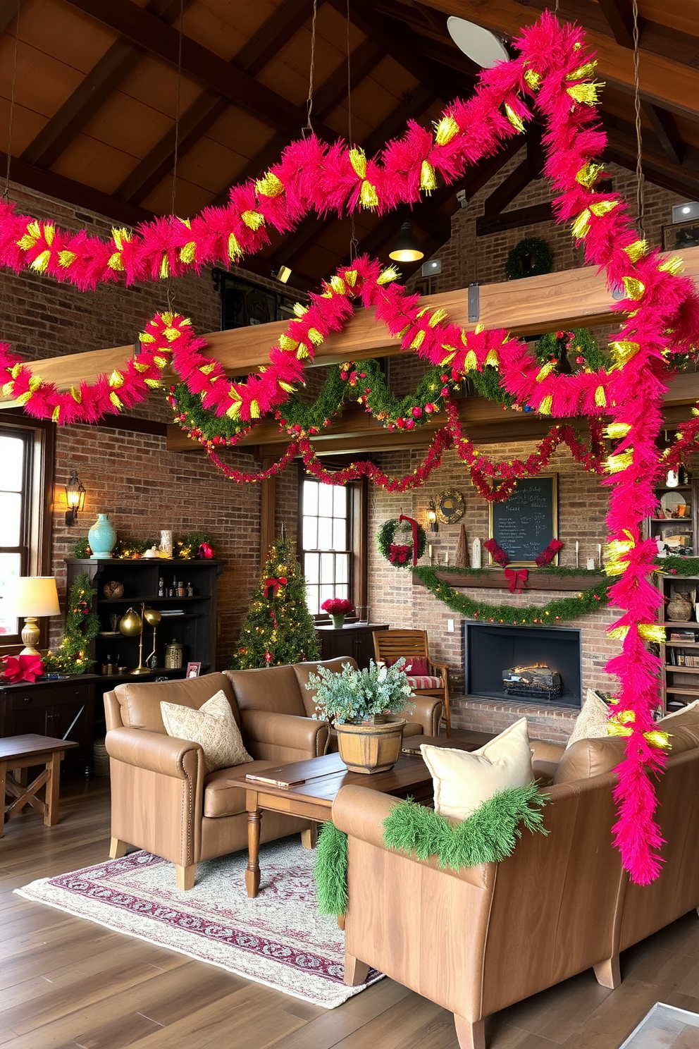 A cozy loft space adorned for Christmas features small potted trees strategically placed around the room. Soft string lights twinkle above, creating a warm and inviting atmosphere while festive ornaments hang from the branches of the trees.