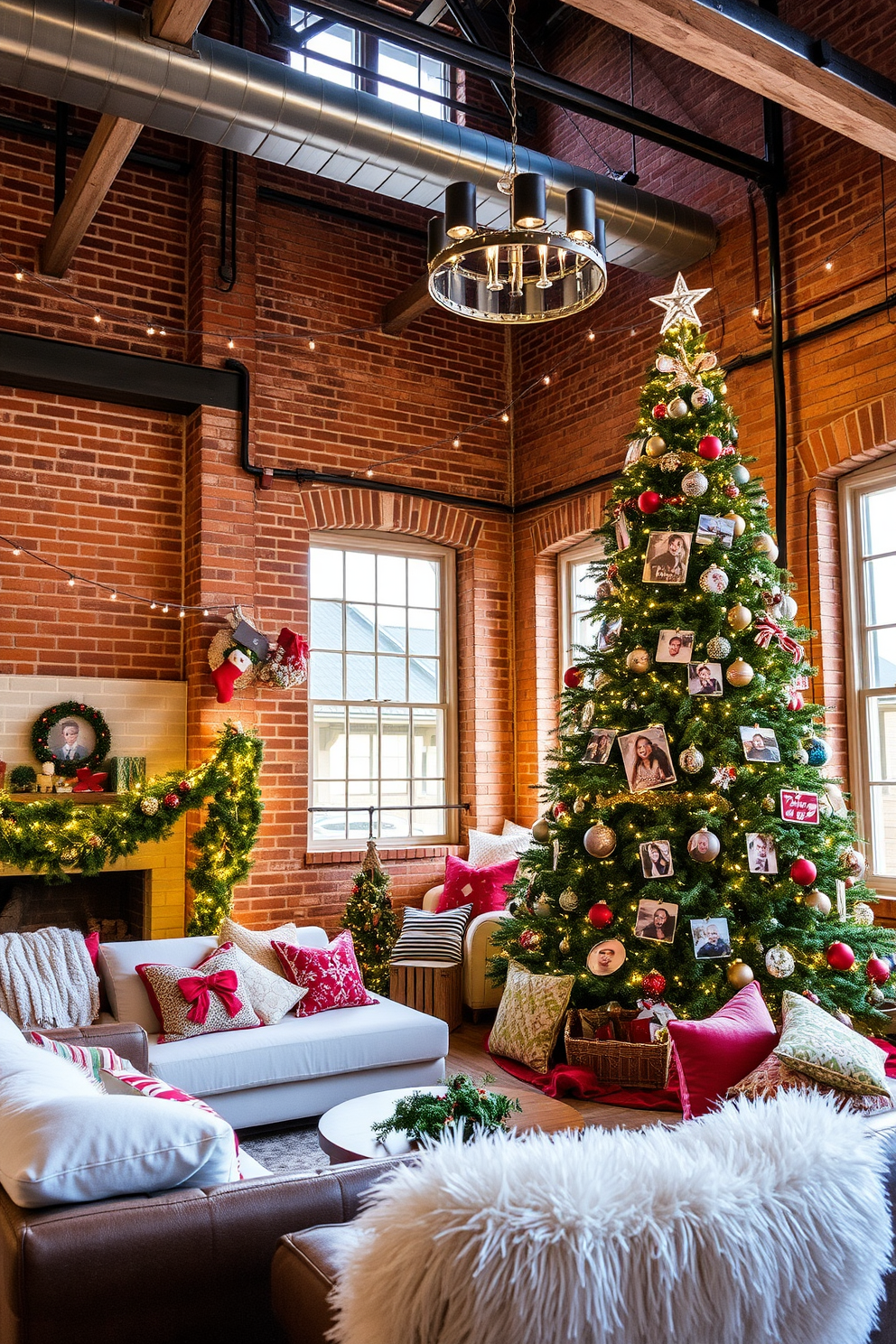 A beautifully decorated loft space with high ceilings and exposed brick walls. A large Christmas tree stands in the corner, adorned with personalized photo ornaments that reflect cherished memories. Soft white lights twinkle throughout the room, creating a warm and inviting atmosphere. Cozy seating arrangements with plush blankets and festive cushions invite guests to gather and celebrate the holiday spirit.