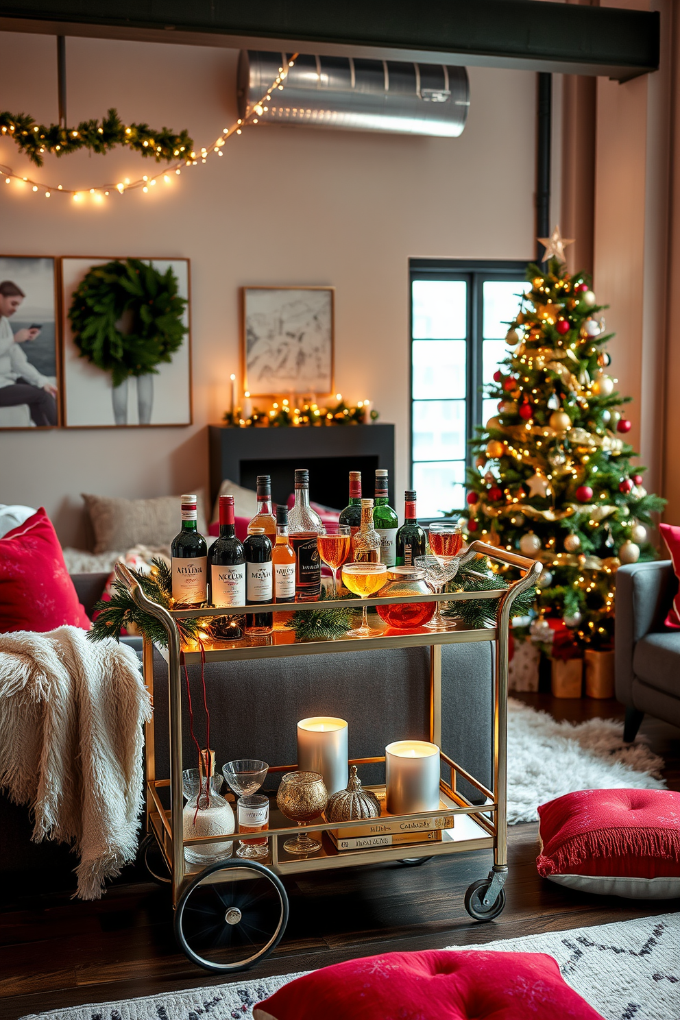 A stylish holiday-themed bar cart adorned with festive decorations. The cart features a rich wooden finish and is decorated with twinkling fairy lights, an assortment of colorful ornaments, and a garland of evergreen branches. On the top shelf, an array of holiday-themed cocktails is displayed in elegant glassware alongside a shaker and a selection of seasonal garnishes. The bottom shelf holds a collection of festive snacks in decorative bowls, creating a warm and inviting atmosphere perfect for holiday gatherings.