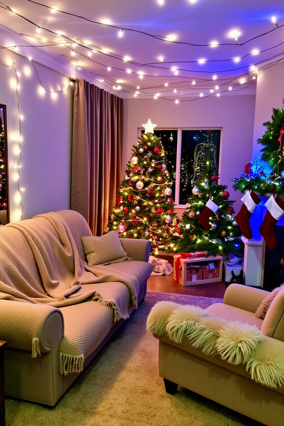 A cozy living room adorned with warm blankets draped over a plush sofa and armchair. Twinkling fairy lights are strung across the ceiling, creating a festive atmosphere for the holiday season. A beautifully decorated Christmas tree stands in the corner, adorned with colorful ornaments and a star on top. Stockings hang from the mantel, adding a touch of warmth and holiday cheer to the space.