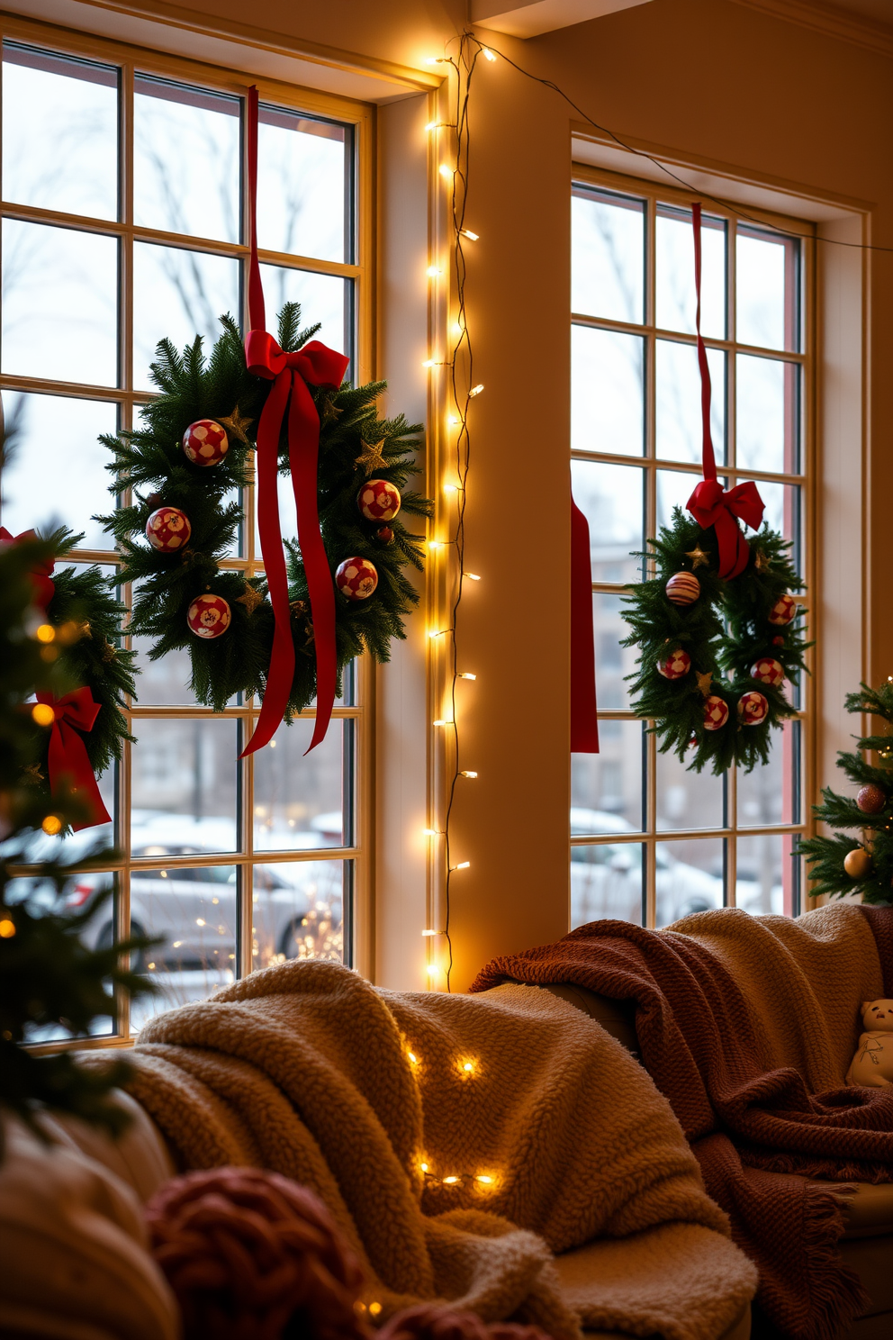 Festive wreaths adorned with red ribbons hang gracefully on large windows, creating a warm and inviting atmosphere. The soft glow of string lights drapes across the room, complementing the rich textures of cozy blankets and seasonal decor.