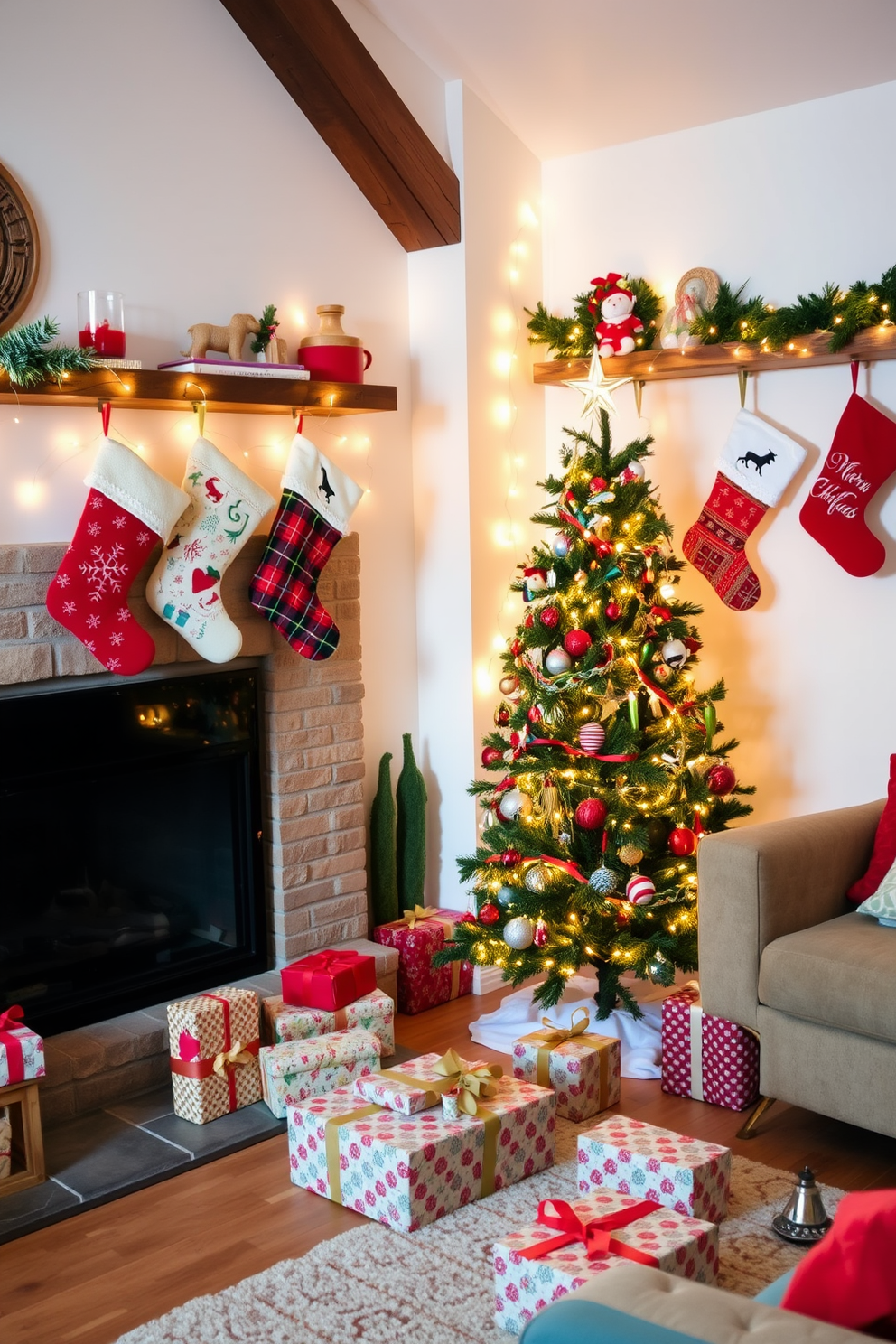 A cozy living room adorned for the holidays. Colorful stockings are hung on rustic wooden shelves, each uniquely designed with festive patterns and textures. Twinkling fairy lights drape gracefully around the room, casting a warm glow. A beautifully decorated Christmas tree stands in the corner, surrounded by wrapped gifts in vibrant paper.