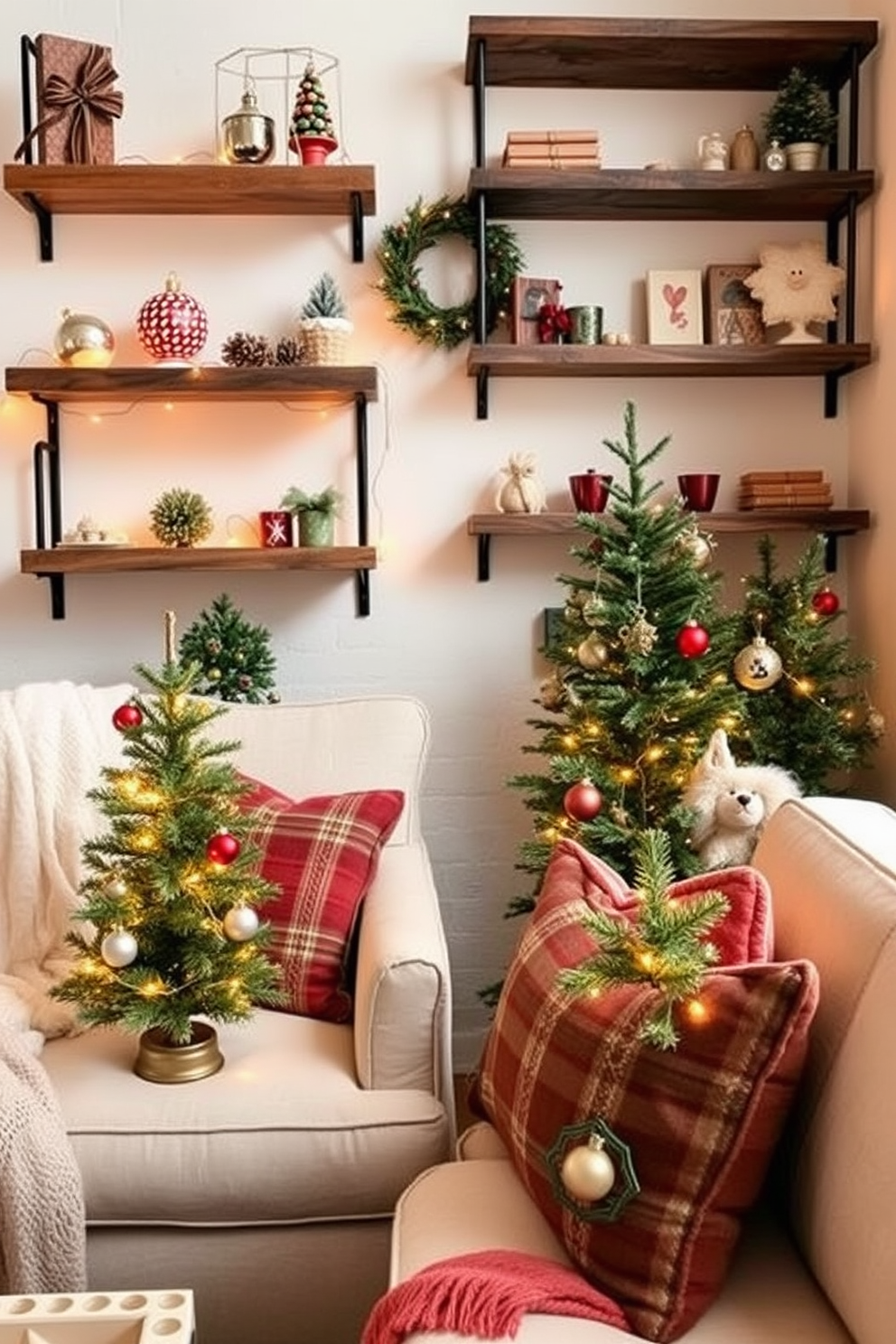 Miniature Christmas trees are strategically placed in each corner of the room, adding a festive touch to the overall decor. The trees are adorned with twinkling fairy lights and colorful ornaments, creating a warm and inviting atmosphere. Loft Christmas decorating ideas include using rustic wooden shelves to display holiday-themed decor. Soft, cozy throws and pillows in seasonal colors are arranged on the furniture, enhancing the festive spirit throughout the space.