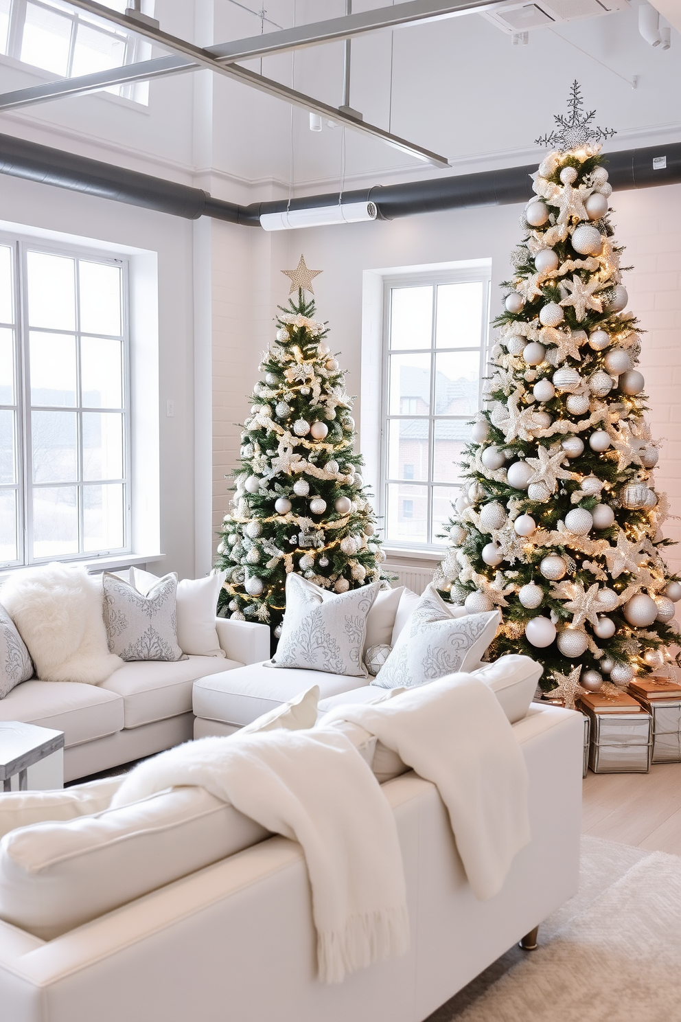 Elegant white and silver decor theme for a loft Christmas setting. The space features a large, beautifully decorated Christmas tree adorned with silver ornaments and twinkling white lights in the corner. A cozy seating area is arranged with plush white sofas and silver accent pillows. Soft white throws are draped over the furniture, creating a warm and inviting atmosphere.