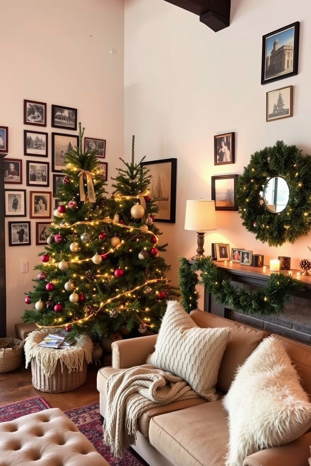 Create a cozy loft space decorated for Christmas. The walls are adorned with vintage holiday postcards in various frames, adding a nostalgic touch to the room. A large Christmas tree stands in the corner, decorated with twinkling lights and rustic ornaments. Plush seating with warm blankets invites relaxation, while a festive garland drapes over the mantelpiece.