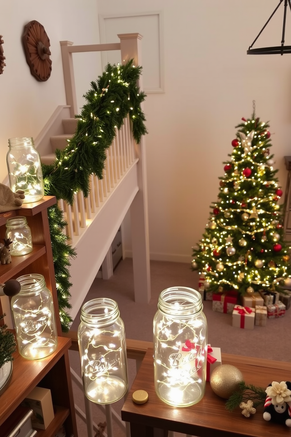 A cozy loft space adorned for Christmas features a large, plush sectional sofa in a rich navy blue. Metallic accents are incorporated through gold and silver throw pillows, a shimmering tree skirt, and twinkling string lights draped along the exposed beams. The Christmas tree, elegantly decorated with glass ornaments and metallic ribbons, stands proudly in the corner. A chic coffee table displays a festive arrangement of candles and a decorative bowl filled with pine cones and ornaments, enhancing the modern holiday atmosphere.