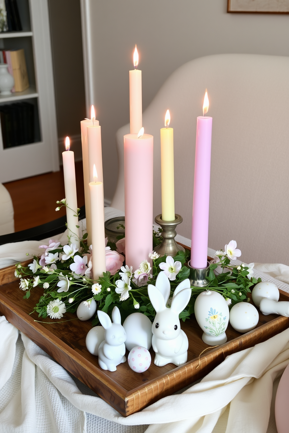 A collection of pastel-colored candles in varying heights creates a serene ambiance. These candles are arranged on a rustic wooden tray adorned with delicate spring flowers and soft greenery. For Easter, the decor features whimsical elements like painted eggs and bunny figurines. The setting is completed with light, airy fabrics draping over furniture, enhancing the festive and inviting atmosphere.