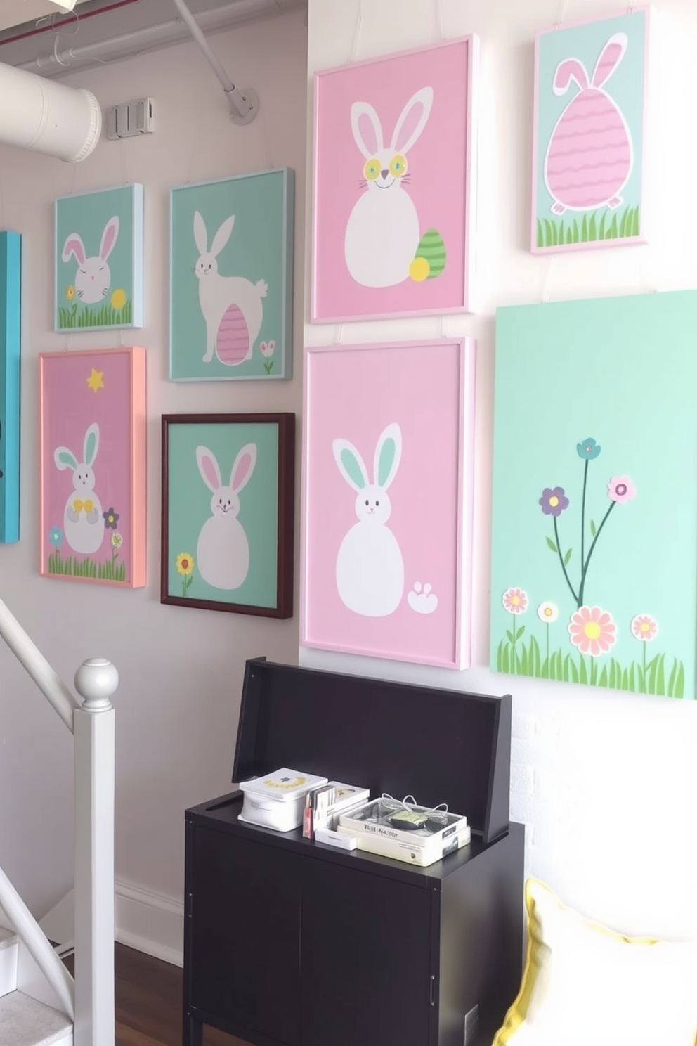 Easter-themed wall art displays featuring pastel colors and whimsical designs. The artwork includes bunnies, eggs, and spring flowers, creating a cheerful and festive atmosphere in a loft setting.