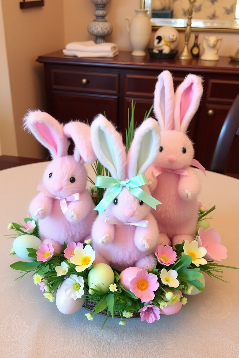 A whimsical table centerpiece featuring fluffy bunnies crafted from soft materials. Each bunny is adorned with pastel-colored ribbons and surrounded by an arrangement of spring flowers and decorative eggs.