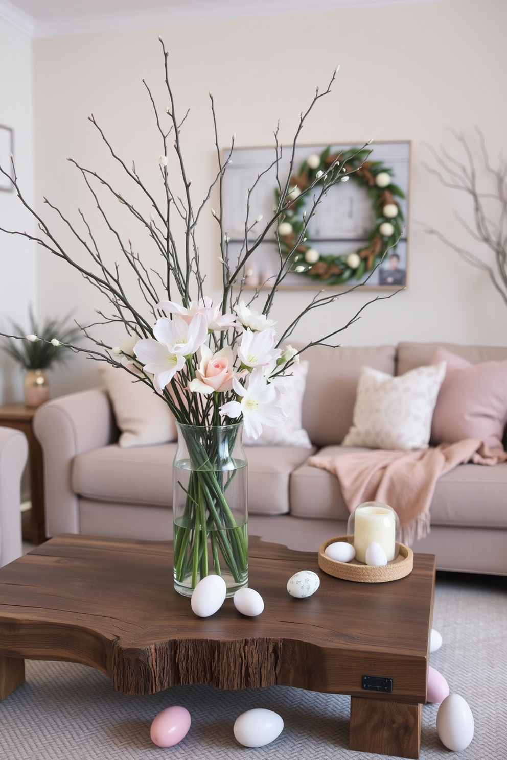 A cozy living room adorned with natural elements. Branches and fresh flowers are arranged in a large glass vase placed on a rustic wooden coffee table. Soft pastel colors dominate the decor, enhancing the Easter theme. Decorative eggs in various sizes are artfully scattered around the room, adding a festive touch.