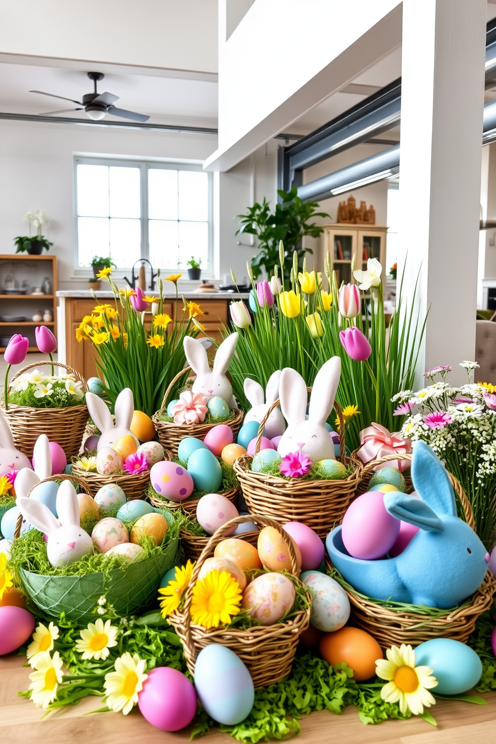 Layered table linens featuring pastel colors and intricate Easter motifs create a festive dining atmosphere. The table is adorned with a mix of floral and patterned fabrics, complemented by delicate ceramic dishes and vibrant spring flowers.