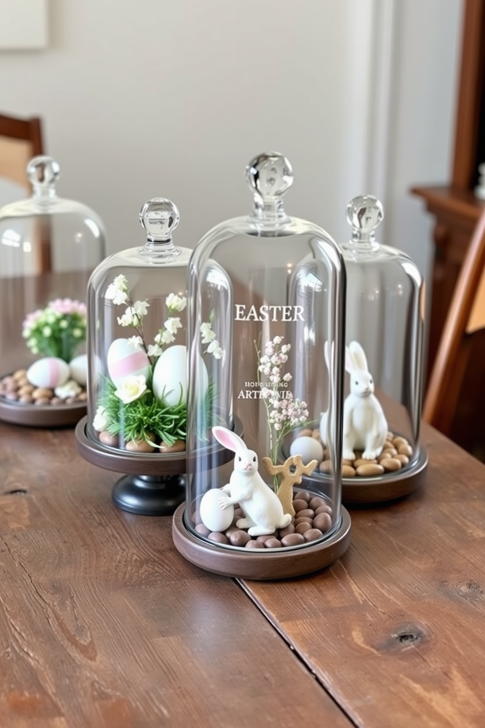 Chic glass cloches are elegantly arranged on a rustic wooden table, each showcasing unique seasonal decorations. Inside the cloches, delicate pastel eggs, fresh flowers, and small decorative bunnies create a whimsical yet sophisticated Easter ambiance.