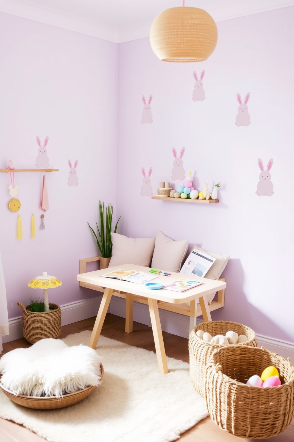 A whimsical loft space adorned with charming bunny figurines placed on wooden shelves. The decor features pastel colors and playful Easter accents that create a festive and inviting atmosphere.